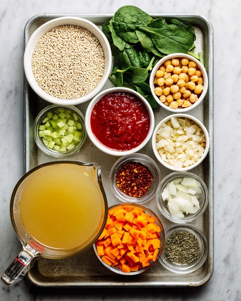 A metal tray is placed on a white marbled surface, holding various ingredients organized in small white bowls and glass containers. Starting from the top left, there is a bowl filled with off-white quinoa grains, next to fresh dark green spinach leaves. Below the quinoa is a white bowl of light yellow chickpeas, and in the center-top, a white bowl of bright red tomato paste. To the right is a small white bowl with red chili flakes. Below that, a clear bowl filled with diced orange carrots sits next to chopped white onions in a glass bowl. Just below the onion bowl is a small glass container with minced garlic. To the left of the garlic is a small white bowl of chopped celery that is light green. In the center is a small clear bowl with mixed dried herbs. At the bottom left is a large clear measuring cup filled with light yellow broth. Photo taken with an iphone --ar 4:5 --v 7