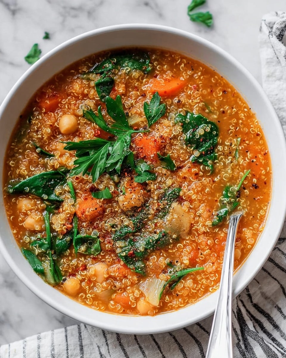 A bowl filled with rich orange quinoa soup that has visible layers of small quinoa grains, chickpeas, and bright green spinach leaves scattered throughout. There are chunks of carrots and bits of onions mixed in, creating texture and color contrast. On top, fresh green parsley leaves are spread, along with a sprinkle of black pepper and seasoning creating a speckled look. A silver spoon sits resting inside the white bowl on a white marbled surface with a striped cloth nearby. photo taken with an iphone --ar 4:5 --v 7