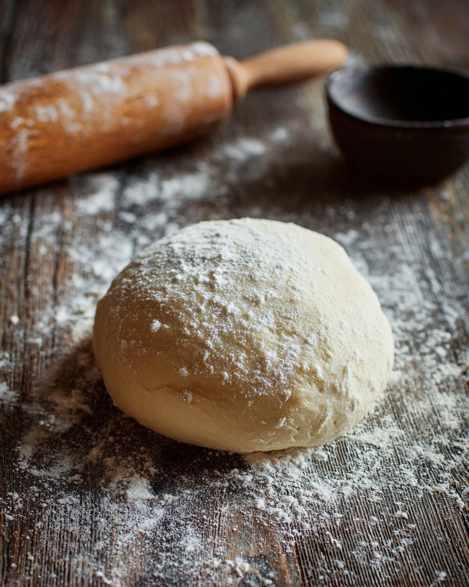 A smooth, round ball of dough rests on a rustic wooden surface dusted with flour, showing a light dusting of flour on top as well. Behind it, there is a wooden rolling pin lying horizontally and a small dark bowl slightly out of focus. The scene is simple and natural, focusing on the soft texture of the dough and the rough wood grain beneath it. photo taken with an iphone --ar 4:5 --v 7