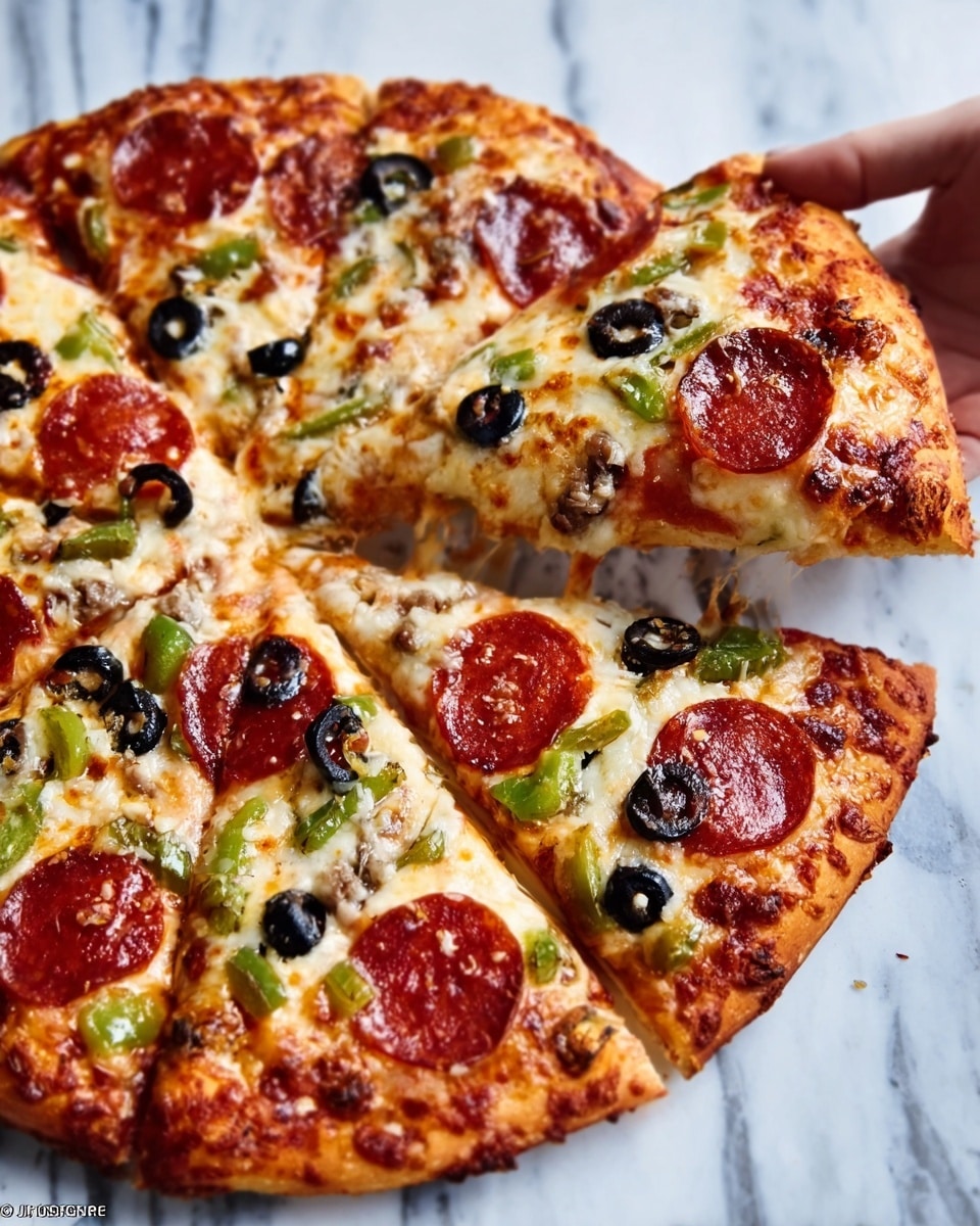A round pizza with a golden-brown crust sits on a white marbled surface. The pizza is topped with melted cheese that looks stretchy and creamy. Over the cheese, there are several evenly spread pepperoni slices that are red with browned edges. Black olive slices are scattered across, adding small dark circles. Green bell pepper pieces add bright green spots, and some light brown bits are visible beneath the toppings, likely cooked sausage. One slice is being lifted by a woman's hand, showing cheese stretching from the pizza to the slice. The overall look is colorful and inviting. photo taken with an iphone --ar 4:5 --v 7