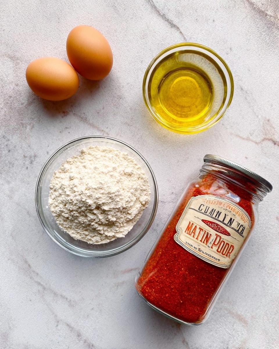 The image shows a white marbled surface with four cooking ingredients arranged simply: two brown eggs lying side by side, a small clear glass bowl with white and beige flour inside, a small clear glass bowl of light golden oil, and a jar of red and beige labeled medium chili powder placed next to them. The items are spaced evenly and lightly shadowed. Photo taken with an iphone --ar 4:5 --v 7