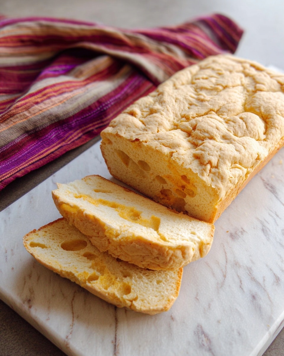 The image shows a loaf of bread resting on a cutting board with a white marbled texture underneath. The loaf is pale golden with a slightly bumpy and uneven crust that looks soft and risen. Three slices are cut from one end, revealing an airy inside with small to medium holes and a light yellowish-orange hue. The texture inside looks light and spongy, contrasting with the smooth and soft outer crust. In the background, there is a striped cloth with reds, purples, and beige tones casually placed near the cutting board. photo taken with an iphone --ar 4:5 --v 7