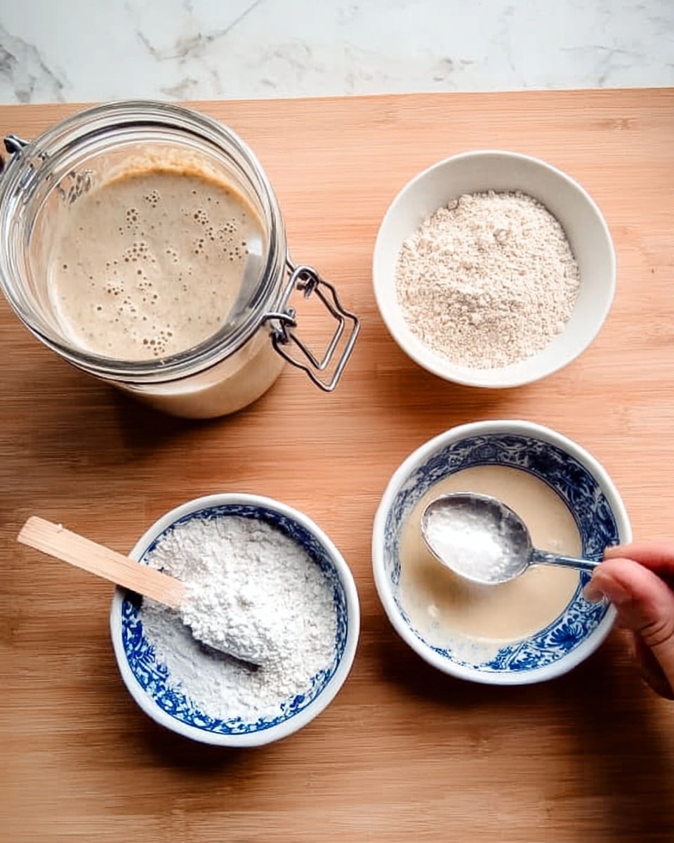 The image shows a wooden table with four containers arranged on it. On the left, there is a glass jar with a metal clasp lid, filled with a thick beige mixture that has some bubbles on the surface. Next to the jar are two small white bowls, one filled with fine white flour and the other with a coarser grain that is light brown in color. On the right side, there is a white bowl with blue patterns inside, containing a creamy beige mixture, with a metal spoon held by a woman's hand scooping from it. A small wooden spatula lies flat on the table between the jar and the bowl. The background is a white marbled texture. Photo taken with an iphone --ar 4:5 --v 7