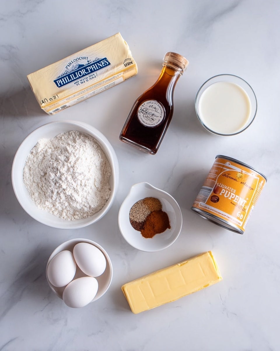 A neat arrangement of eight ingredients on a white marbled surface includes a small rectangular box of Philadelphia cream cheese positioned on the top left, next to a white bowl filled with white flour. To the right is a small bottle of vanilla extract with a brownish label and a nearly full clear glass of milk. Below the milk, a can of pumpkin puree with an orange label sits on the right. At the bottom center are two white eggs beside a white bowl containing a mix of ground cinnamon and other spices. To the right of the eggs and spices is a stick of unsalted yellow butter still wrapped partially in its paper. All items are evenly spaced, with soft natural light illuminating the scene. Photo taken with an iphone --ar 4:5 --v 7