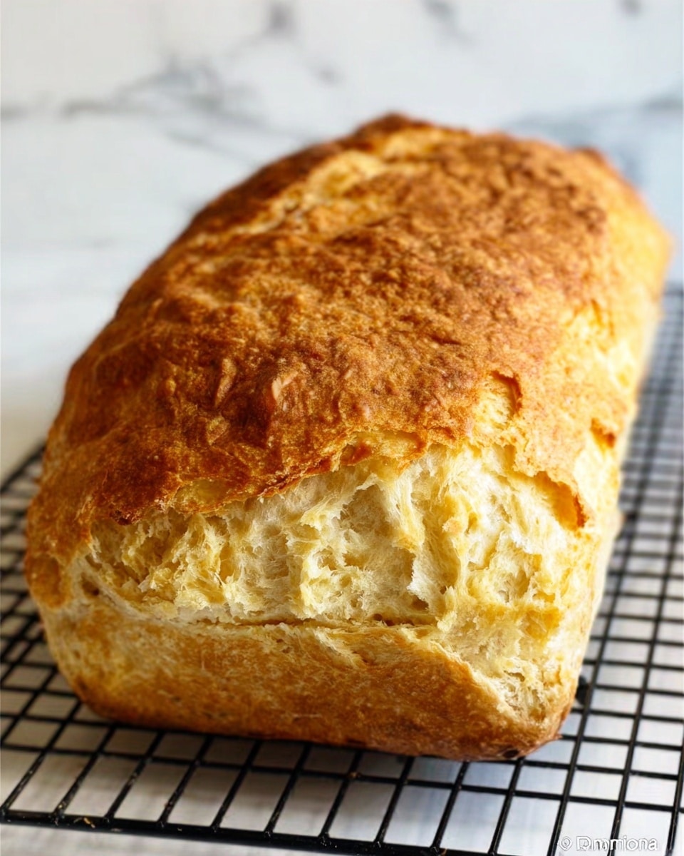 A loaf of bread is shown, resting on a black metal cooling rack. The bread has a golden brown crust with a rough, uneven top and visible crumb texture inside where a piece looks torn. The crust appears crisp and slightly flaky. The background is a white marbled surface. photo taken with an iphone --ar 4:5 --v 7