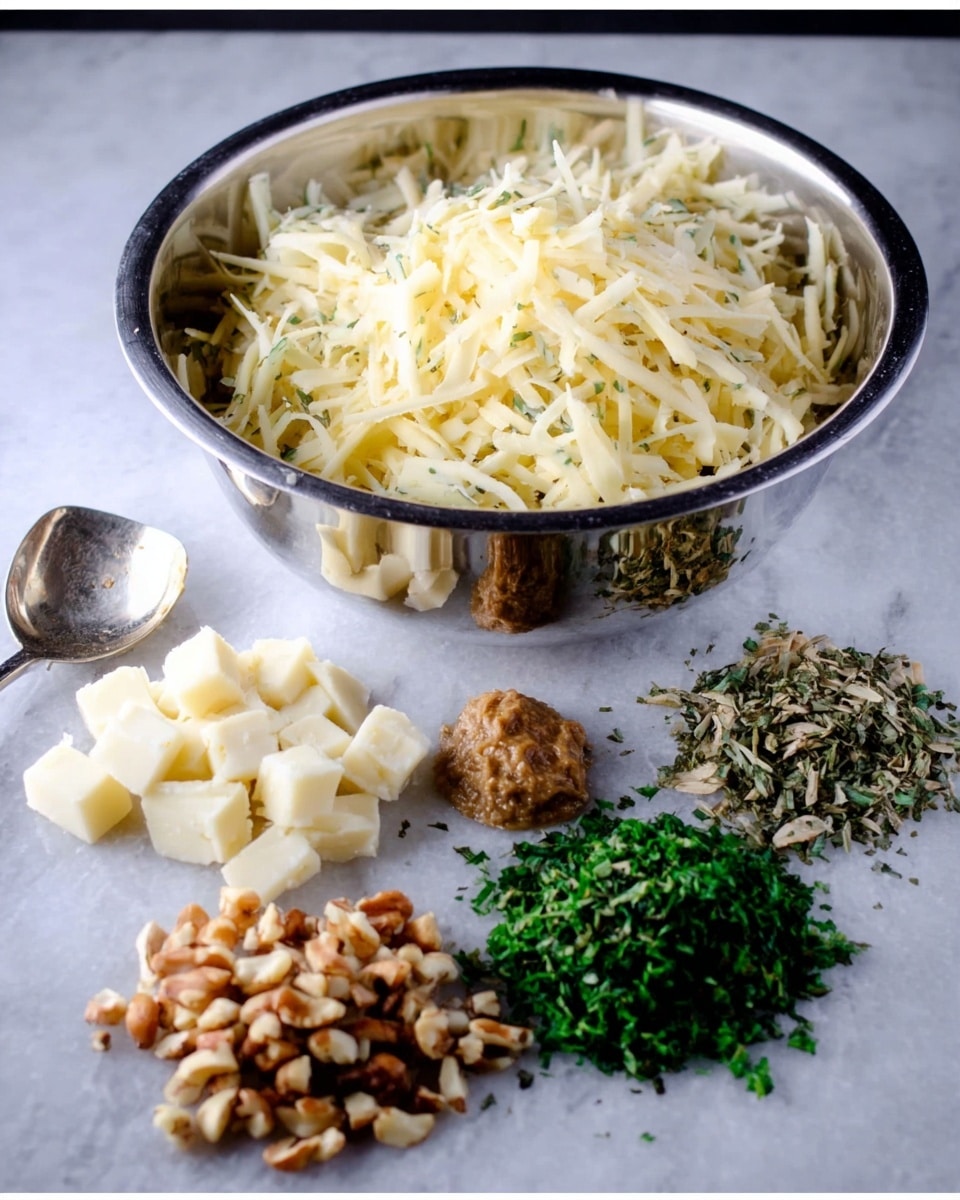 The image shows a shiny metal bowl full of thin, pale yellow shredded cheese placed at the center back on a white marbled surface. In front of the bowl, there are four small piles arranged from left to right: white cheese cubes with some green herbs inside, a mix of finely chopped nuts in light brown and beige colors, bright green chopped herbs, and a blend of dried green herbs. A silver spoon with light brown paste rests on the surface near the herbs. The overall scene is well lit, focusing on the textures and colors of the ingredients. photo taken with an iphone --ar 4:5 --v 7
