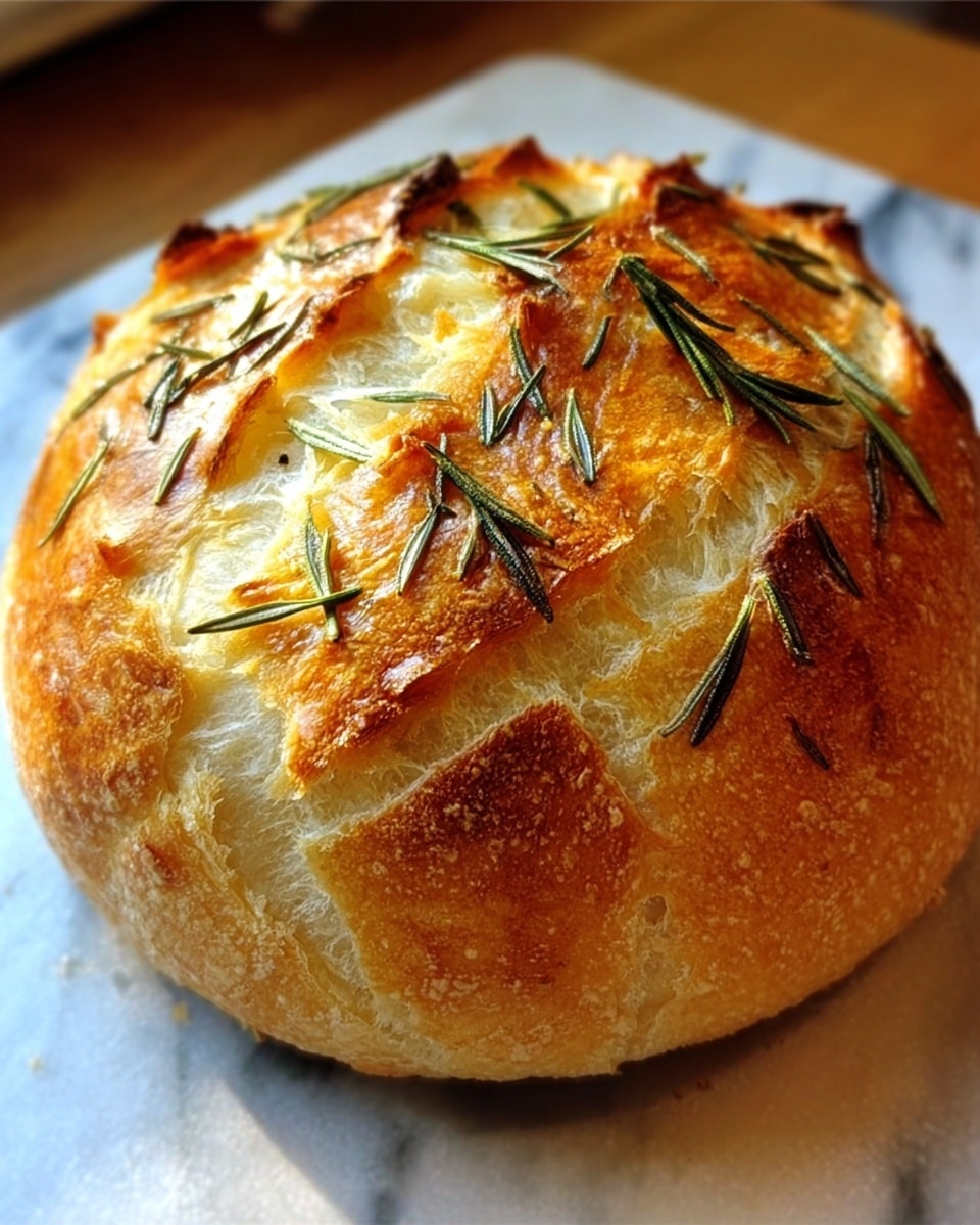 The image shows a round loaf of bread with a golden brown crust, topped with fresh rosemary sprigs. The bread has a light, fluffy texture with visible cracks on the surface, indicating a soft inside. It sits on a white marbled background with warm lighting highlighting the shiny, slightly crispy crust. photo taken with an iphone --ar 4:5 --v 7