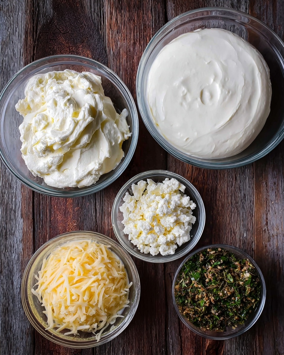 The image shows five clear glass bowls on a dark wooden surface. The largest bowl on the top right contains smooth, thick white cream. To the left of it, a medium bowl holds a fluffy, whipped white mixture with soft peaks. Below this, a smaller bowl contains crumbly white cheese. On the bottom left, another bowl has pale yellow shredded cheese with soft texture. The bottom right bowl holds a mix of chopped green herbs with hints of brown spices. photo taken with an iphone --ar 4:5 --v 7