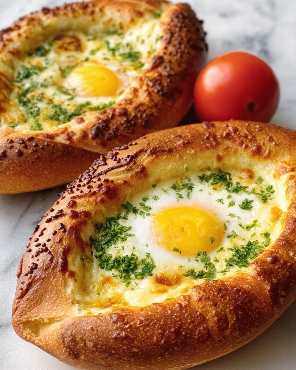 This image shows two oval-shaped bread bowls with a golden brown crust topped with baked cheese and sprinkled with chopped green herbs. Each bread bowl has a bright yellow cooked egg placed in the center, where the egg yolk looks slightly soft and shiny. The crust appears crisp with small toasted spots around the edges. A ripe red tomato sits next to the bread bowls on a white marbled surface, adding a pop of color. The lighting highlights the smooth texture of the melted cheese and the freshness of the herbs. photo taken with an iphone --ar 4:5 --v 7