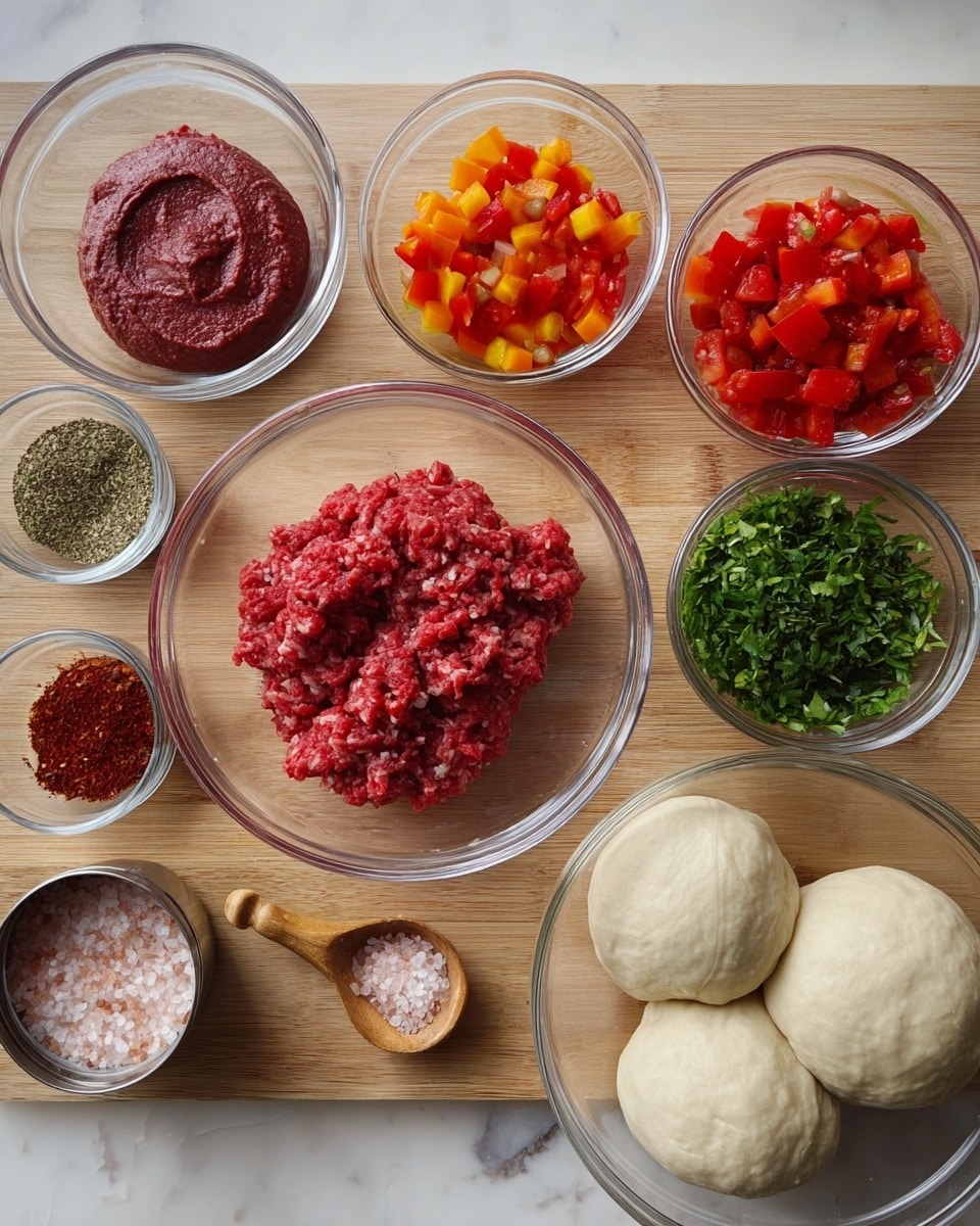The image shows a wooden board with several clear glass bowls holding different ingredients arranged in a loose circle on a white marbled surface. In the center is a bowl with raw ground meat of deep red color and soft texture. To the upper left, a bowl with a thick, smooth dark red paste. To the upper middle, small diced bright orange pieces. To the upper right, diced red tomatoes with juicy, shiny texture. On the far right, chopped green herbs with leafy texture. At the lower right, a large glass bowl holds two pale off-white smooth dough balls close together. Below the meat bowl, a small glass bowl with coarse pink salt and a tiny wooden spoon inside. To the left, two metal containers, one with dried red flakes and one with green dried herbs. The whole setup is neat and well arranged on the white marbled surface. photo taken with an iphone --ar 4:5 --v 7