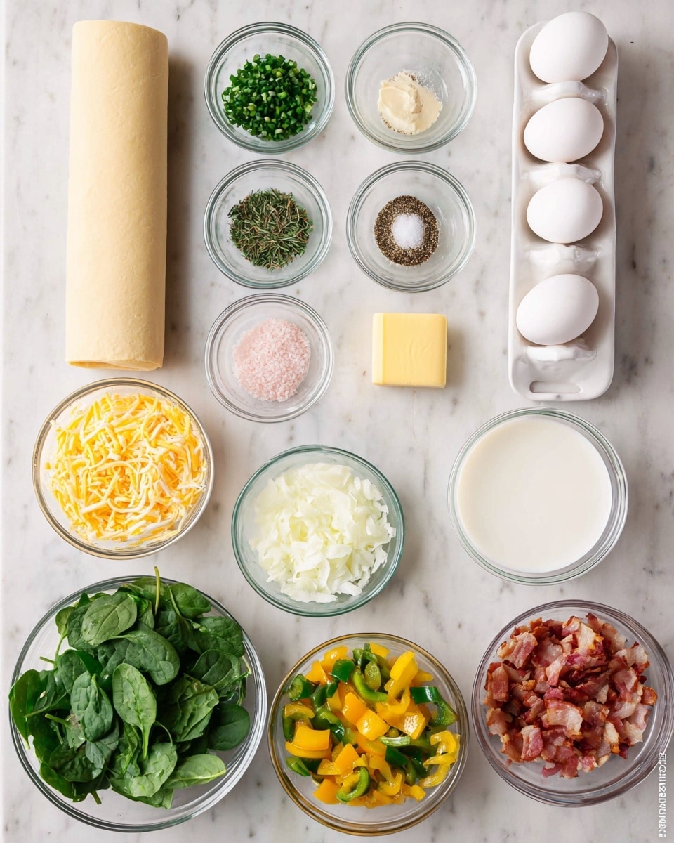 The image shows an organized layout of various ingredients for cooking, all placed on a white marbled surface. At the top left, there is a single rolled sheet of light beige dough. To the right of the dough are two rows of small clear glass bowls and a white egg holder containing four white eggs. The first row from left to right includes finely chopped green chives, black pepper, and a solid square of butter. The second row has fresh green thyme leaves, pink salt, and shredded yellow cheese in a medium-sized bowl. Below these, there are chopped white onions in a medium bowl, a bowl of light cream, and a bowl of white liquid, possibly milk or more cream. The bottom row has fresh green spinach leaves, a clear bowl with chopped yellow and green bell peppers, and a bowl with chopped cooked bacon pieces. The ingredients are bright and fresh, each separated clearly, and the whole setup looks clean and ready for cooking. Photo taken with an iphone --ar 4:5 --v 7