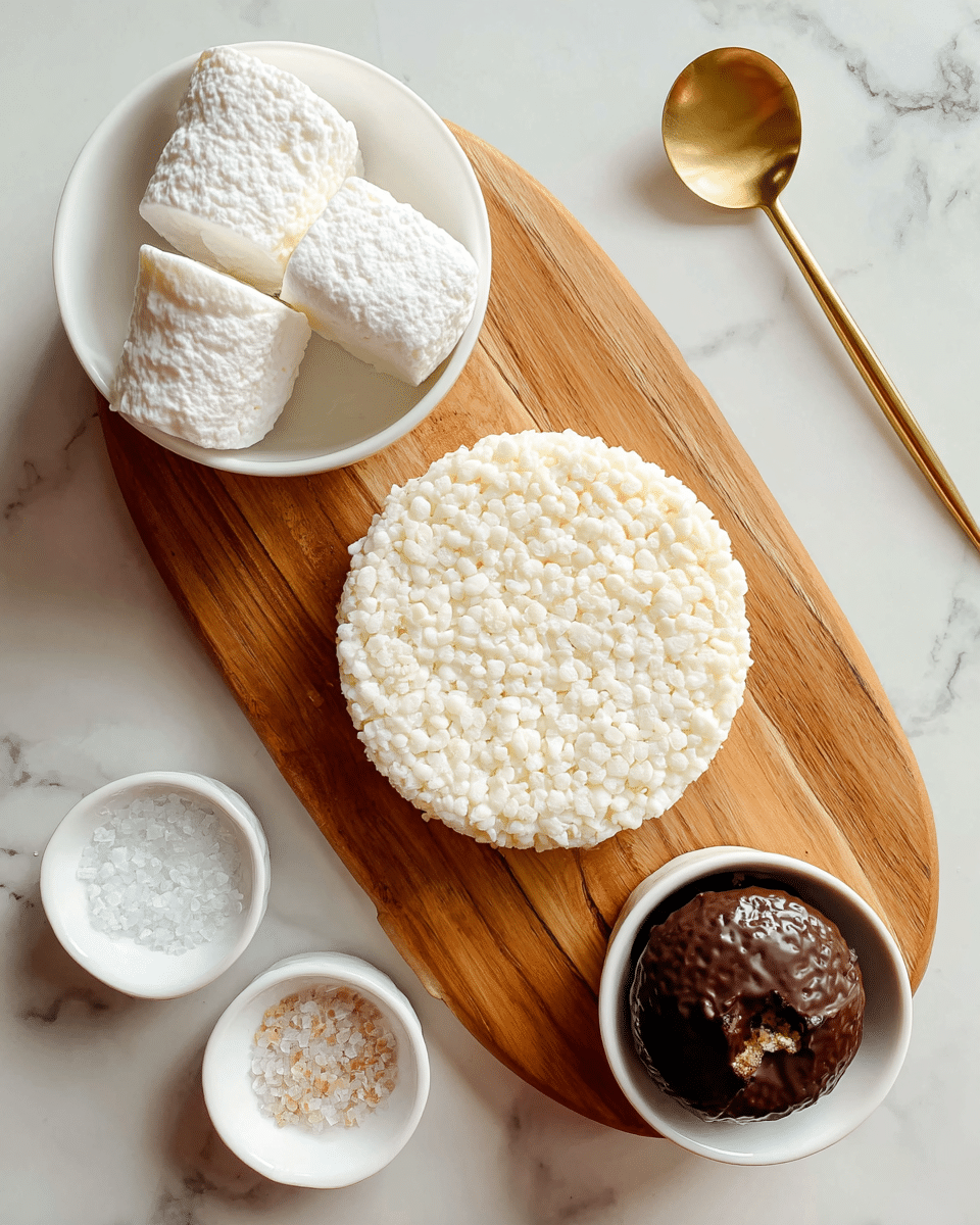 The image shows a white round puffed rice cake placed on a natural wooden serving board with a smooth, warm grain pattern. Above the rice cake, there is a white bowl holding two large white marshmallows with a soft, slightly wrinkled texture. To the bottom left of the rice cake, another white bowl contains coarse sea salt crystals scattered inside. On the bottom right, a white bowl holds a chocolate-covered treat with a shiny, smooth surface and a small bite taken out of it. A long, shiny golden spoon lies diagonally on the wooden board near the top right corner. All of this is set on a white marbled surface background. Photo taken with an iphone --ar 4:5 --v 7