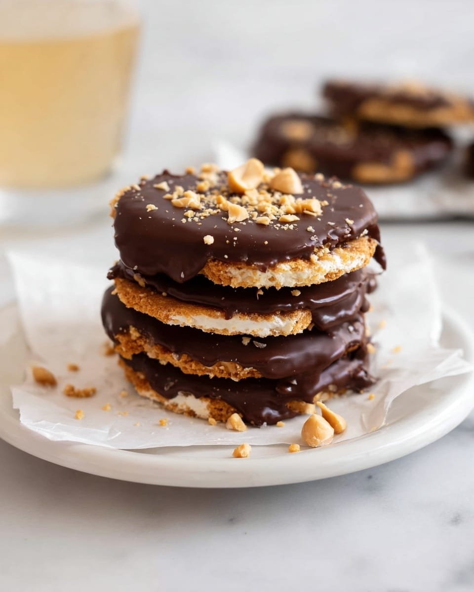 A stack of four round snacks sits on white parchment paper on a white plate, each layer made of a light beige cracker base covered with a thick, shiny dark chocolate layer. Small peanut pieces are scattered on top of the chocolate layer, adding a crunchy texture. The edges of the crackers are visible beneath the chocolate, with the chocolate showing some uneven dripping. Crumbs and tiny peanut bits are scattered on the parchment paper around the plate. The background is white marbled texture, with a softly blurred glass containing a light drink in the background. Photo taken with an iphone --ar 4:5 --v 7