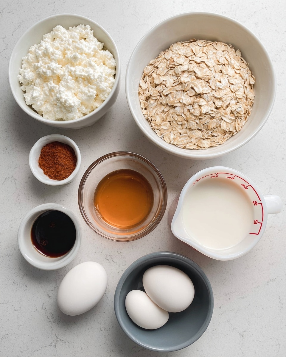 A top view of several small bowls and a measuring cup arranged on a white marbled surface. The largest bowl, near the top, holds a pile of light beige rolled oats with a rough texture. Below it to the left, a white bowl contains white cottage cheese with a lumpy texture. To the left of this sits a small white bowl filled with a fine, reddish-brown powder of cinnamon. A clear glass bowl in the center holds a golden brown liquid, likely syrup. To the right, a white measuring cup with red markings is filled with white milk. Below the milk, a small white ramekin contains a dark brown liquid with a shiny surface, likely vanilla extract. In the center bottom, a gray bowl holds two smooth, white eggs. photo taken with an iphone --ar 4:5 --v 7