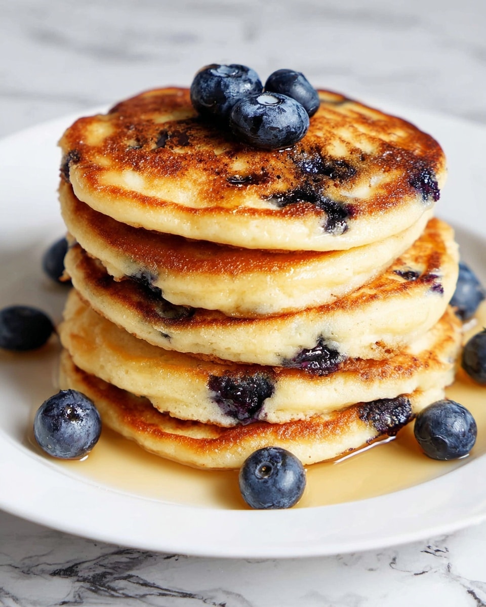 A stack of five round, golden-brown pancakes with a slightly crispy texture is centered on a white plate. The pancakes are light yellow with darker brown spots, showing slight fluffiness and soft edges. Blueberries are baked inside some pancakes, creating dark purple spots on top, and several fresh blueberries surround the stack on the plate. A small amount of syrup is lightly drizzled around the base of the pancakes, adding a shiny, wet look. The plate rests on a white marbled surface with subtle gray veins. Photo taken with an iphone --ar 4:5 --v 7