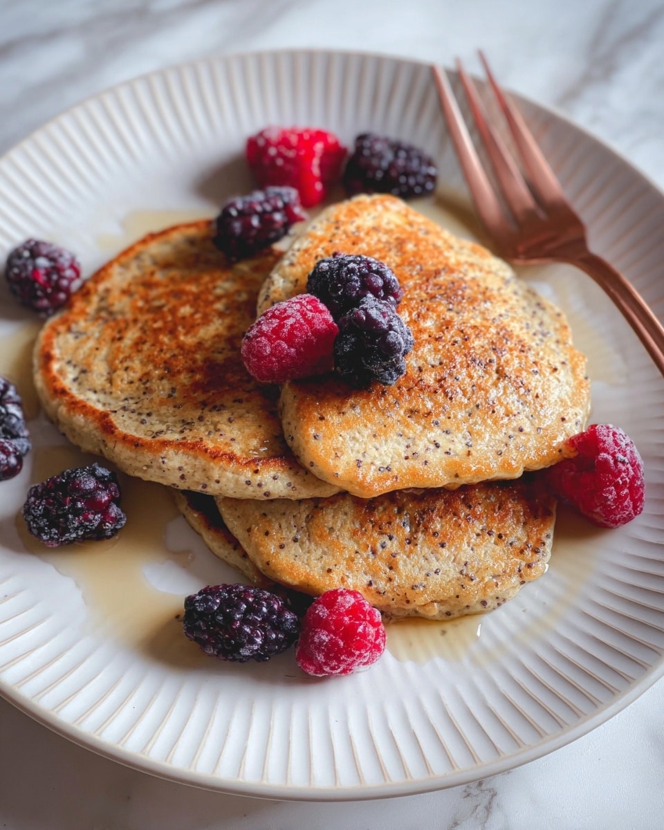 The image shows three golden-brown pancakes stacked unevenly on a white plate with ridged edges, sitting on a white marbled surface. The pancakes have a textured surface with visible seeds scattered throughout. Near and on top of the pancakes are small frozen berries in shades of deep purple, red, and black, including raspberries, blackberries, and blueberries. Honey or syrup lightly glistens on the pancakes and forms small pools around them. A metallic rose gold fork rests on the right side of the plate, partially touching one pancake. Photo taken with an iphone --ar 4:5 --v 7