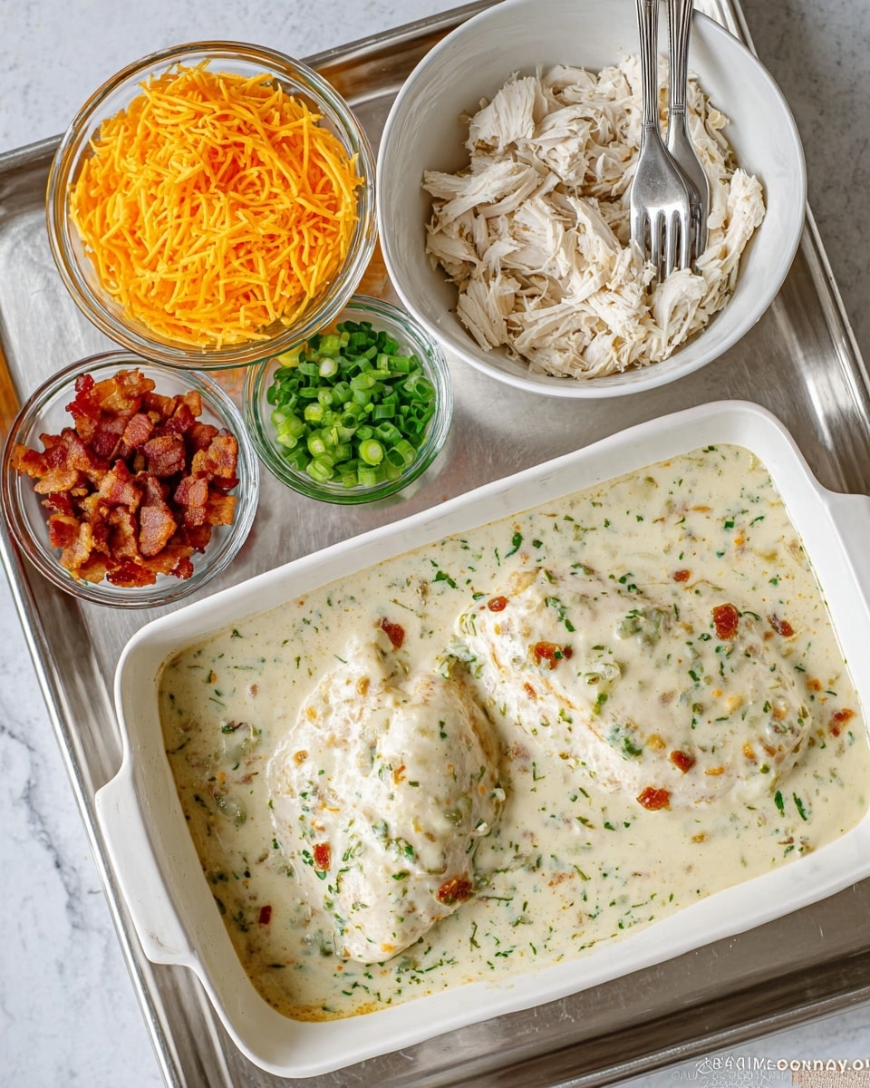 The image shows a white rectangular baking dish filled with a thick, creamy white sauce speckled with herbs, covering two large pieces of cooked chicken on the left side. Above the dish is a white bowl containing shredded white chicken meat with two silver forks resting inside. To the left of the bowl are three small glass bowls arranged vertically: the top one holding bright orange shredded cheese, the middle one filled with chopped green onions, and the bottom one containing cooked, crispy bacon pieces. All items are placed on a shiny metal tray over a white marbled surface. Photo taken with an iphone --ar 4:5 --v 7