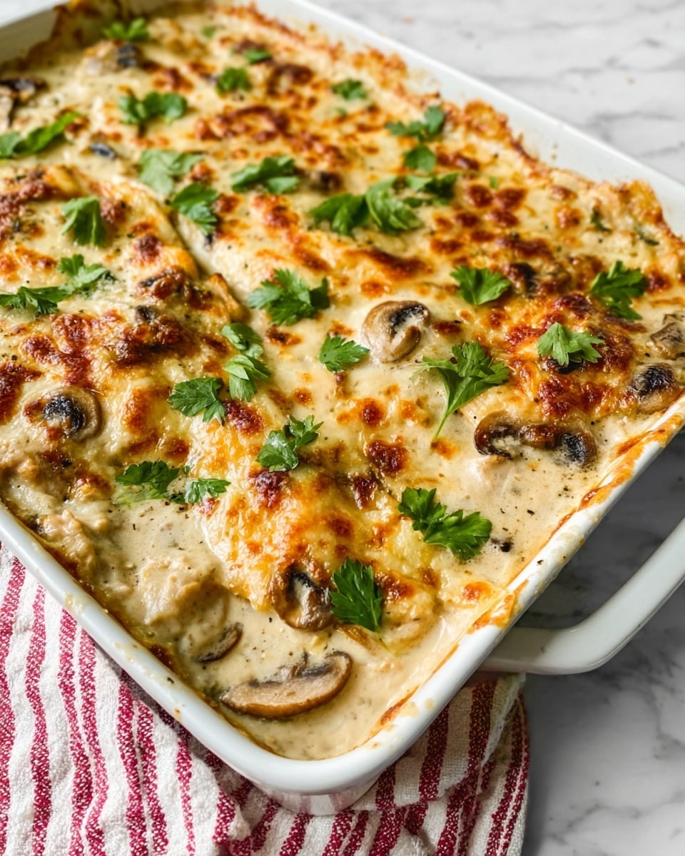 The image shows a white baking dish filled with a layered cheesy casserole. The top layer is golden brown melted cheese with some small browned spots, dotted with fresh green parsley leaves. Below the cheese, there are visible pieces of light-colored chicken and mushroom slices in a creamy sauce. The background surface is a white marbled texture, with a red and white striped cloth partially under the dish. photo taken with an iphone --ar 4:5 --v 7