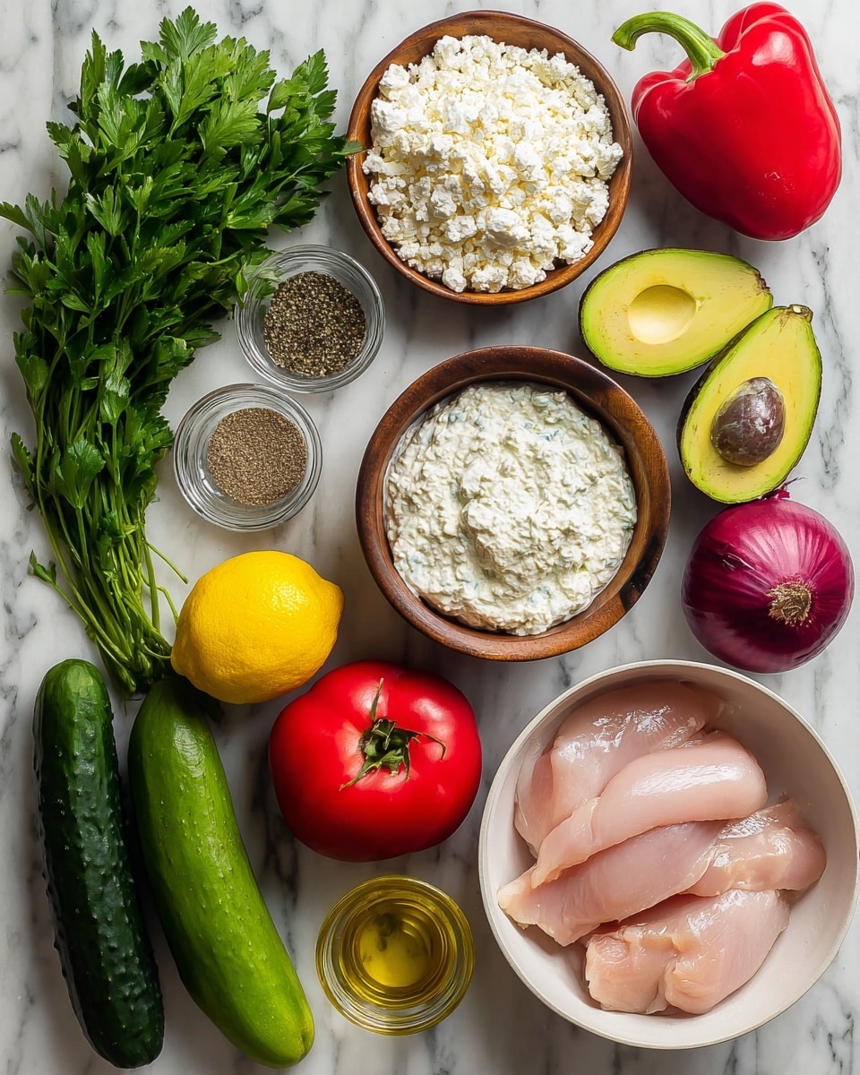 The image shows a top-down view of various fresh ingredients laid out neatly on a white marbled surface. On the left side, there is fresh green parsley with bright leaves and a long dark green cucumber. Toward the center, there is a wooden bowl filled with white crumbled cheese, a wooden bowl with a light creamy dip, and another wooden bowl with a textured white spread that looks like tzatziki. Near these bowls, there is a small bright yellow lemon, two ripe red tomatoes on the vine, and a round red onion with purple skin. To the right, a white bowl holds five raw pieces of light pink chicken. Above this bowl, a shiny dark green avocado sits near a bright red bell pepper. Between the avocado and onion, there are glass containers with oregano and black pepper. A small glass bowl with a golden liquid, probably olive oil, is near the parsley. The ingredients are clearly fresh and placed in an orderly way to highlight their different colors and textures photo taken with an iphone --ar 4:5 --v 7