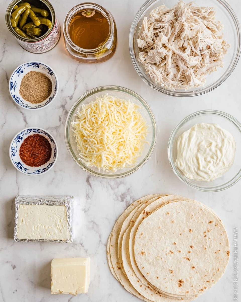 The image shows various ingredients placed on a white marbled surface in a neat layout. At the bottom right, there are three stacked light beige tortillas with soft textures. Above the tortillas, there is a clear glass bowl filled with shredded white meat. To the right of the meat, a clear glass bowl holds a generous amount of shredded pale yellow cheese. Above the cheese, three small white bowls with blue designs contain reddish-brown spice, light beige powder, and finely ground seasoning. To the left of these bowls, there is a closed can with green pickled chilies inside, open at the top. Above the can, a glass jar holds a golden brown liquid. In the middle of the image, a clear glass bowl contains white sour cream or cream cheese. Below that, a square block of white cream cheese is shown partially unwrapped on foil. Next to the block, at the bottom left, a small pat of pale yellow butter sits on the white surface. photo taken with an iphone --ar 4:5 --v 7
