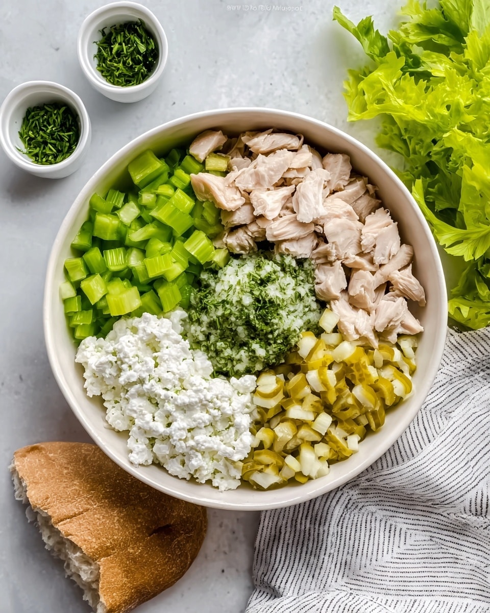 The image shows a white bowl filled with six visually separate layers of food, neatly arranged in sections. Starting at the top and moving clockwise, there are pieces of light beige cooked chicken, finely chopped bright green celery, a white and creamy cottage cheese layer with a lumpy texture, small yellow diced pickles, finely chopped light green celery leaves, and a mound of creamy light green mixed herbs in the center. The bowl is on a white marbled surface with a soft striped cloth at the right edge and some fresh green lettuce at the top right. Two small white bowls with green herb garnish are placed at the top left corner. photo taken with an iphone --ar 4:5 --v 7