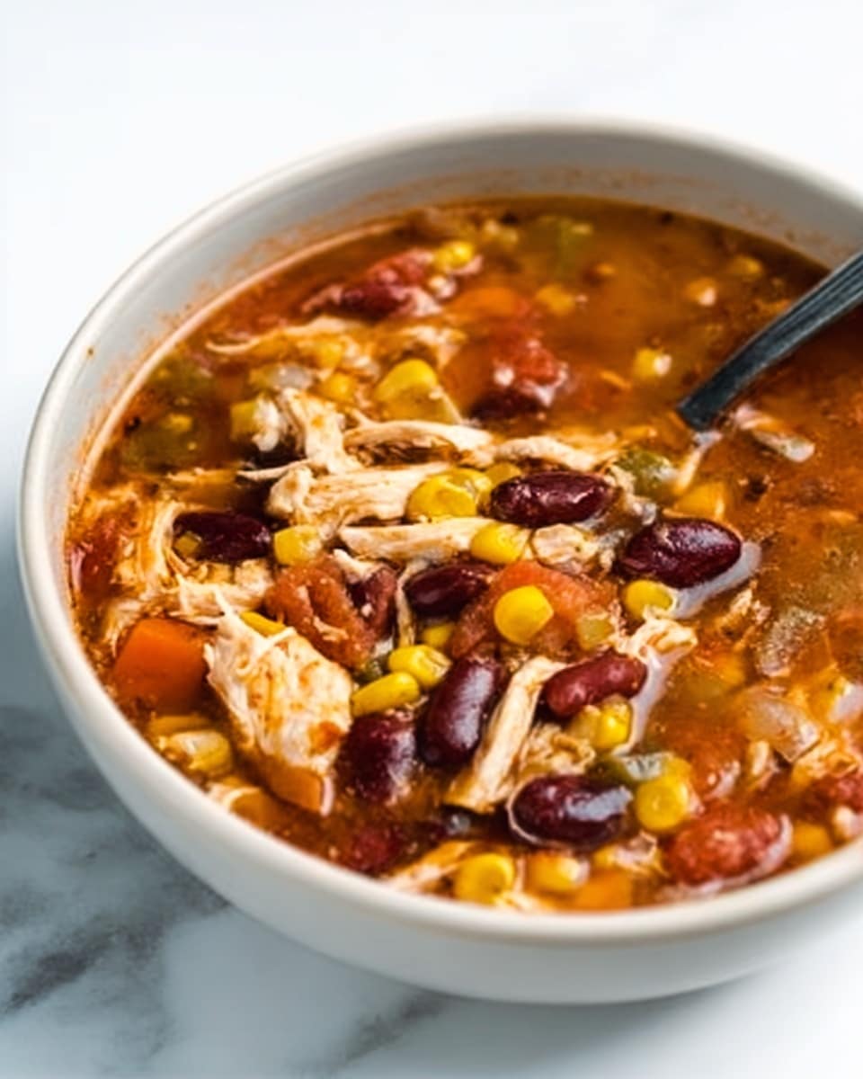 A white bowl filled with a thick soup showing several layers: a reddish-brown broth base, scattered shredded light brown pieces of chicken, bright yellow corn kernels, dark brown beans, red kidney beans, and small orange chunks of tomato. A dark spoon is placed on the right side, partially dipped into the soup, with a white marbled surface underneath the bowl. The ingredients look fresh and mixed evenly, and the soup has a warm, hearty appearance. photo taken with an iphone --ar 4:5 --v 7