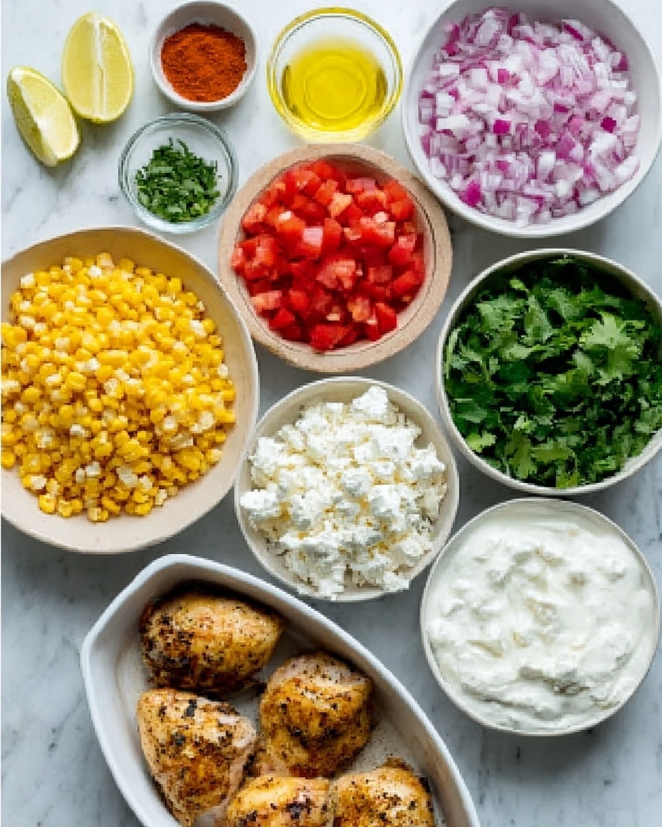 The image shows a white marbled surface with several small white bowls arranged neatly, filled with different ingredients. There are three cooked chicken pieces placed in a white dish at the bottom. Around it, there are bowls with bright yellow corn kernels, finely chopped red tomatoes, chopped red onions, fresh green cilantro leaves, chopped green herbs, white cottage cheese, sour cream, and two small bowls with lemon juice and red spice powder. A woman's hand is partially visible on the left side. The overall scene is colorful and organized, with each ingredient clearly visible and separated. photo taken with an iphone --ar 4:5 --v 7