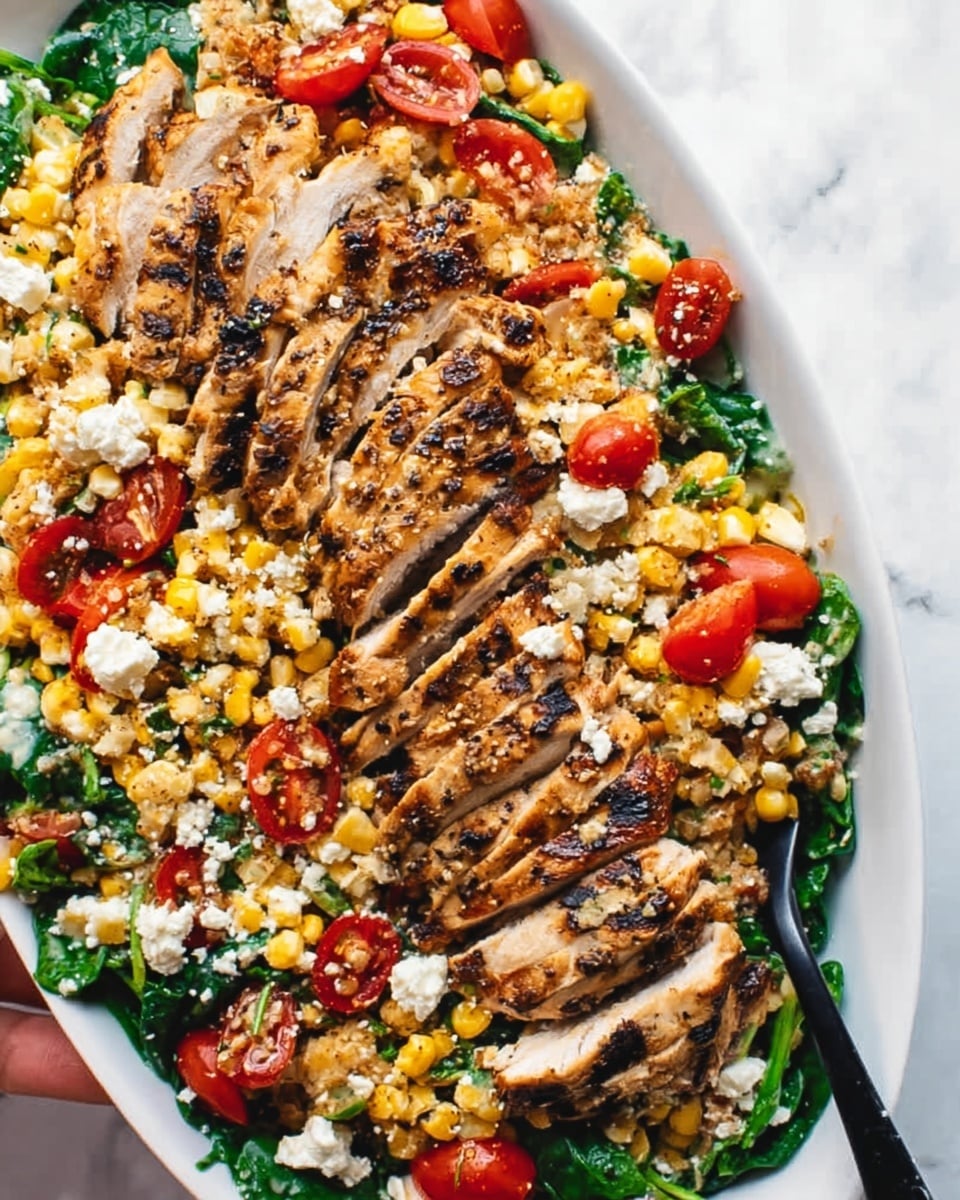 The dish is shown in a white oval plate placed on a white marbled background. It has three main layers: on the bottom, fresh green spinach leaves spread evenly; on top, bright red cherry tomato halves mixed throughout; and on the upper portion, slices of cooked chicken arranged in neat rows with a slightly brown, grilled appearance. Scattered over everything are small white crumbly pieces of cheese and bits of light yellow roasted corn adding texture. A woman's hand holds a black fork on the right side of the plate. The photo taken with an iphone --ar 4:5 --v 7