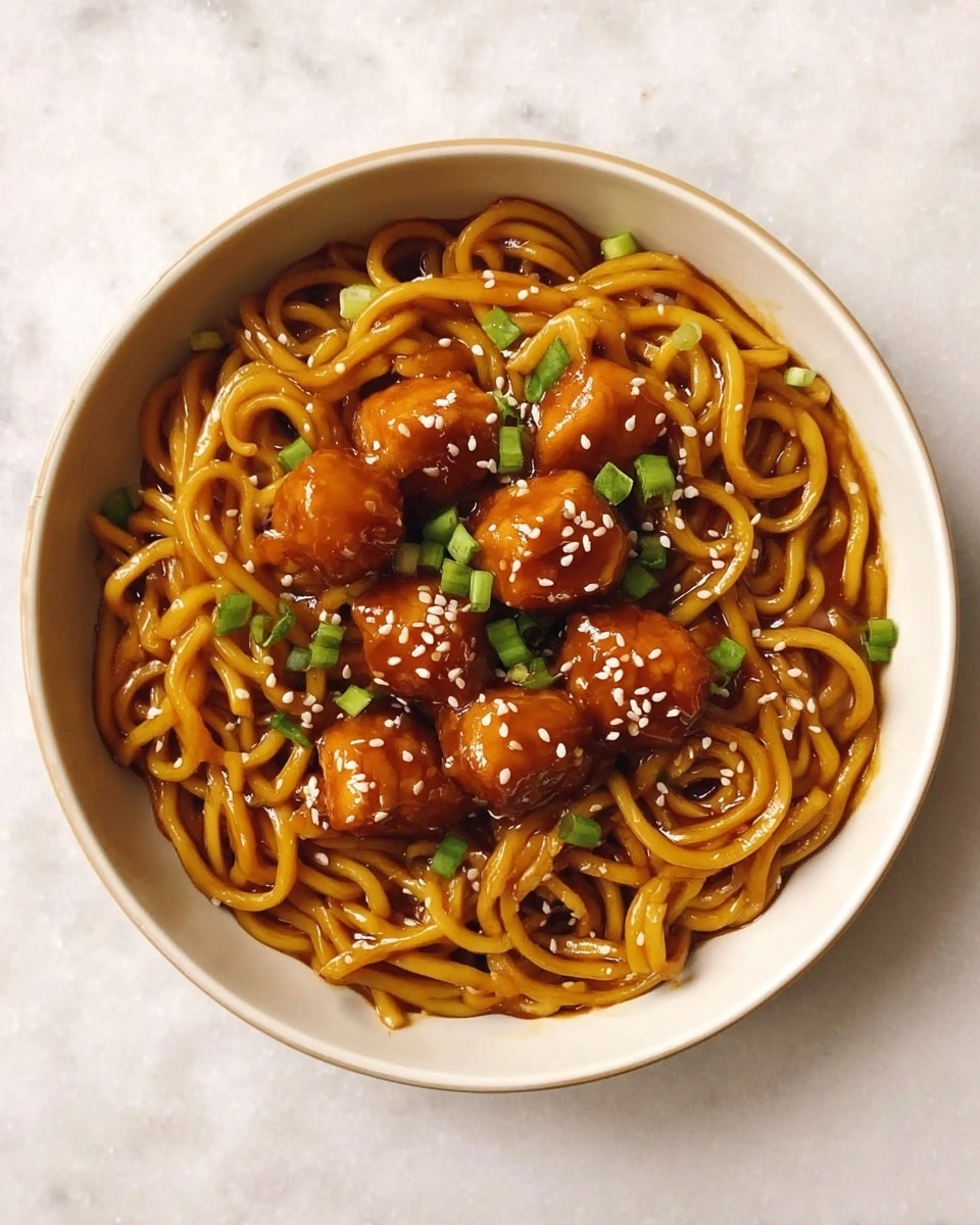 A white bowl filled with thick noodles covered in a shiny brown sauce, arranged in a neat circular pattern. On top, there are several golden-brown chunks of glazed protein placed in the center, sprinkled with white sesame seeds and small pieces of bright green chopped scallions, all sitting on a white marbled surface. photo taken with an iphone --ar 4:5 --v 7