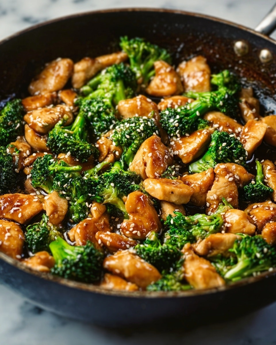 A close-up view of a black skillet filled with cooked chicken pieces and broccoli. The chicken pieces are golden brown with a shiny sauce coating, mixed evenly with bright green broccoli florets that have a fresh, slightly crisp texture. There are small white sesame seeds scattered across the top, adding a bit of texture. The skillet sits on a white marbled surface. photo taken with an iphone --ar 4:5 --v 7