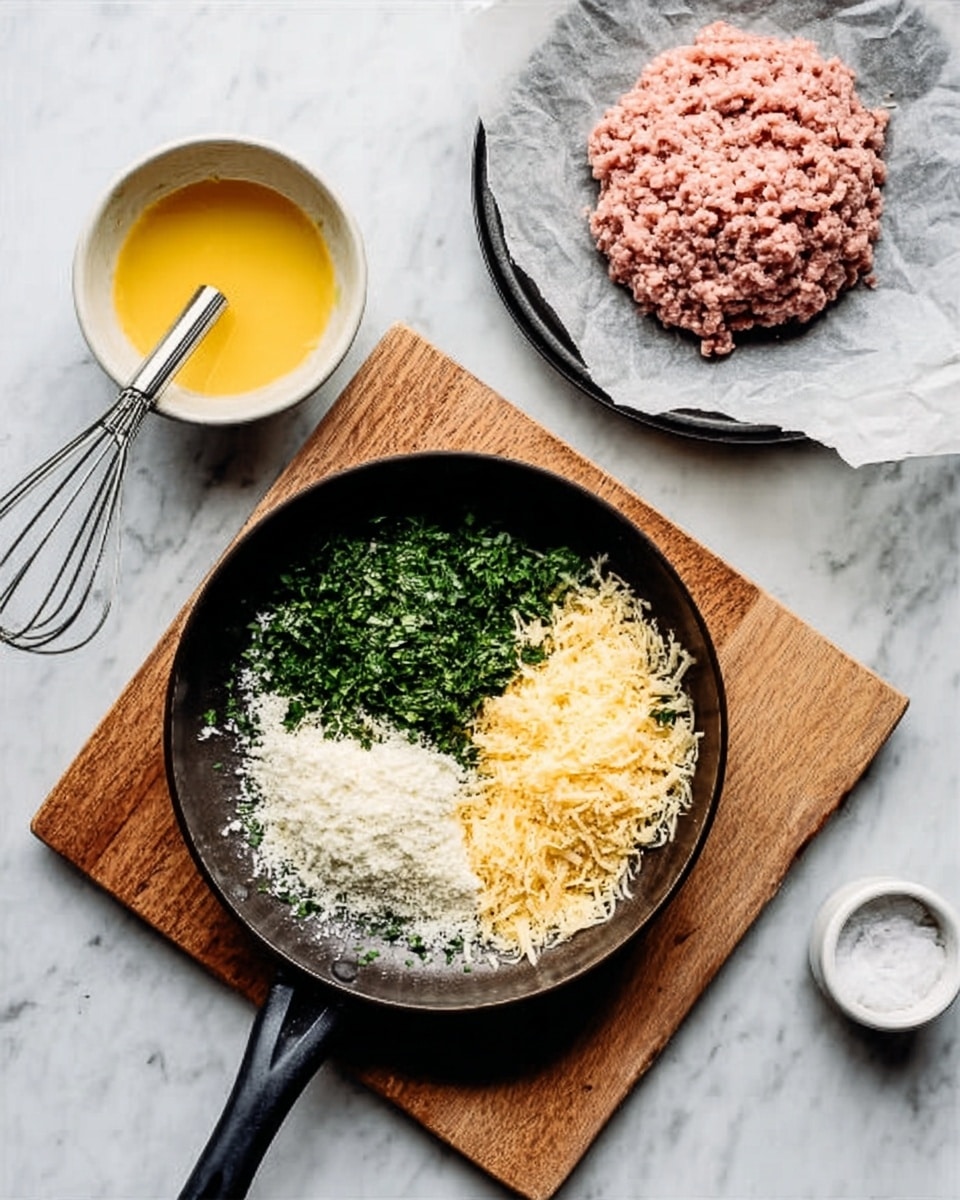 A black pan sits on a white marbled surface on top of a small wooden board, holding four layers of ingredients: chopped green herbs on the top left, a white crumbly layer on the top right, a pale yellow shredded layer on the bottom left, and another white powdered layer on the bottom right. Next to the pan, a white bowl holds a yellow liquid with a black whisk inside. Behind the pan, there is a round pan lined with parchment paper, filled with raw pinkish ground meat. A small white salt container is placed to the right. photo taken with an iphone --ar 4:5 --v 7