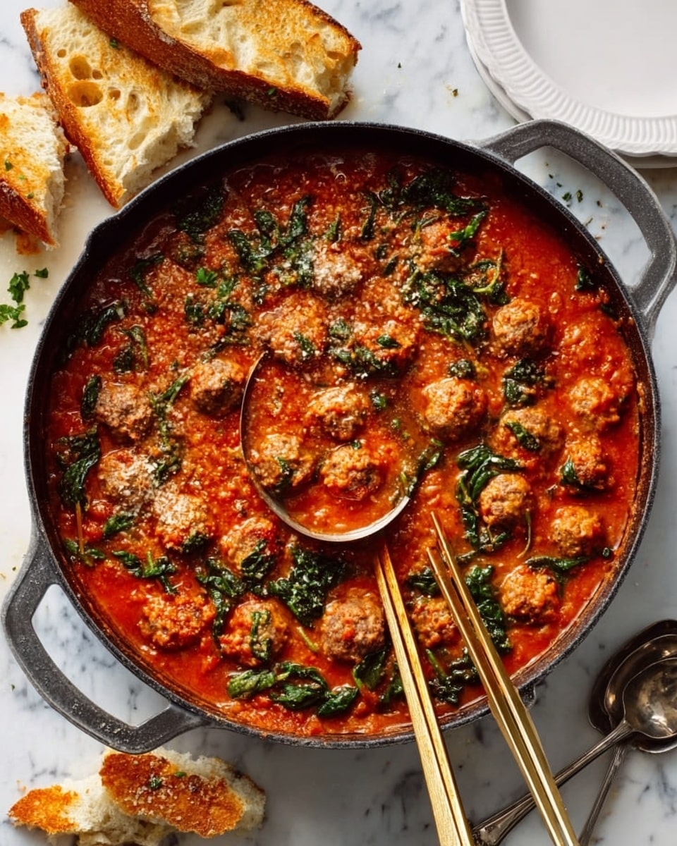 The image shows a large round black skillet filled with a rich, red tomato sauce base containing small, golden brown meatballs scattered evenly throughout. Green spinach leaves are mixed into the sauce, adding a fresh contrast of color. Two golden chopsticks are placed inside the skillet, resting on the edge near the center where a small bowl of sauce sits. Around the skillet, pieces of torn golden bread are placed on a white marbled surface, and a white plate with a silver spoon is partially visible on the right side. The overall scene is bright and warm, with a home-cooked feel. Photo taken with an iphone --ar 4:5 --v 7