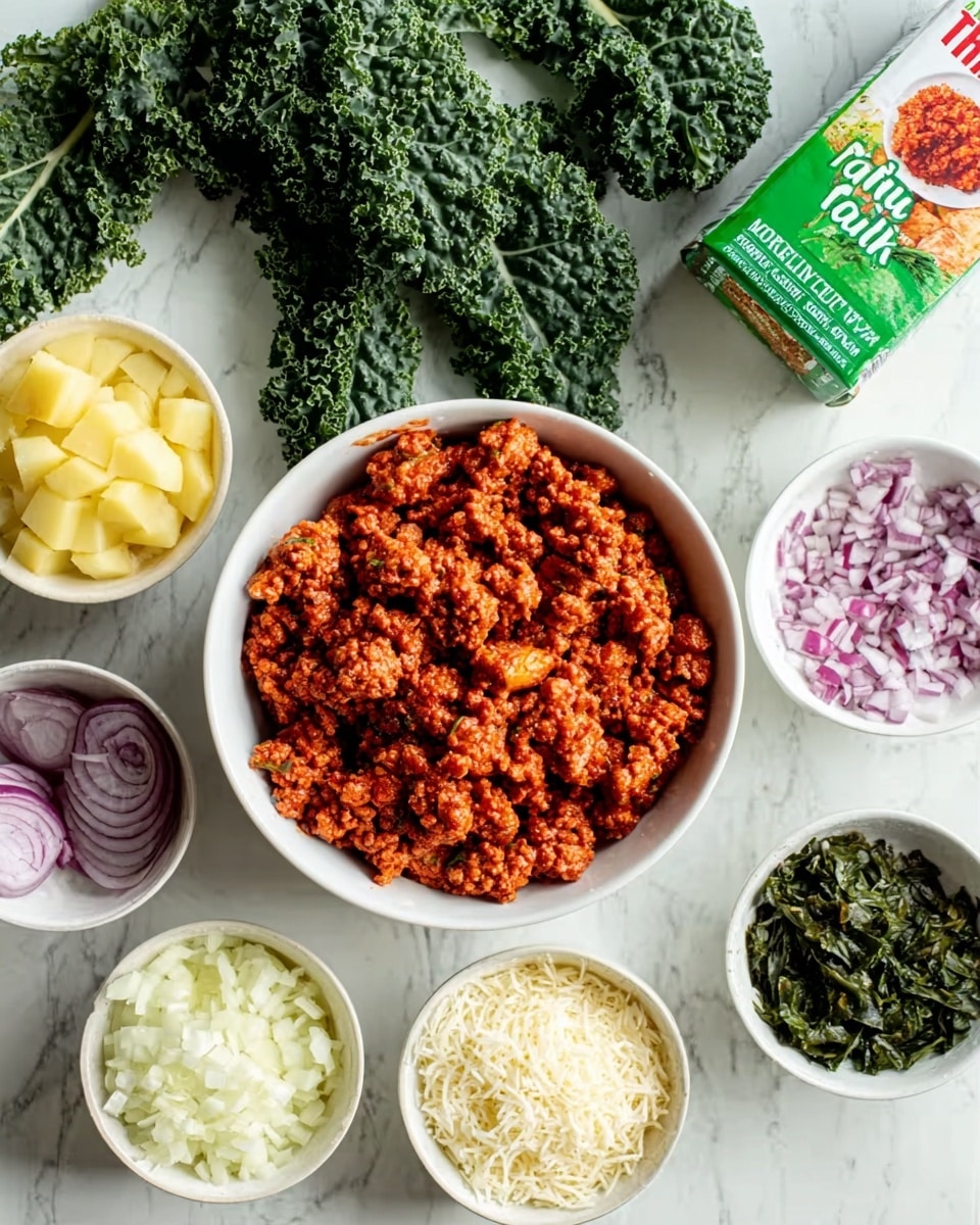 A white bowl filled with cooked ground meat that is reddish brown, looking crumbly and well cooked, sits in the center. Around it, arranged on a white marbled surface, are smaller white bowls containing light yellow chunks of potato, finely chopped purple onions, dry white rice, and mixed green herbs. There is also a can of red Thai coconut milk and a green carton standing upright on the surface. A bunch of dark green leafy kale is placed behind the bowls. The scene is bright and clean with a neat arrangement. photo taken with an iphone --ar 4:5 --v 7