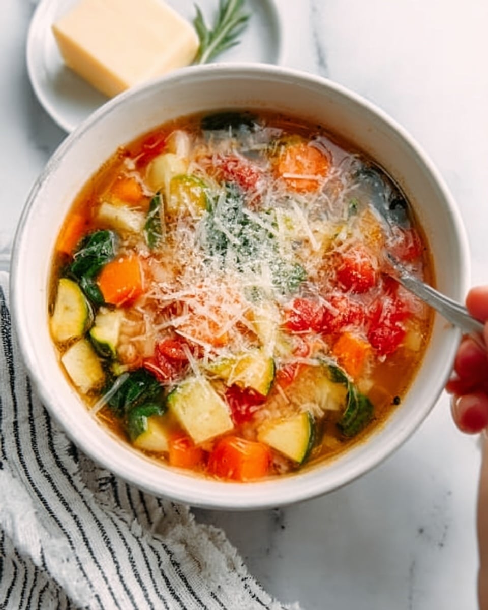 A white bowl filled with vegetable soup containing visible layers of diced tomatoes, orange carrots, green spinach leaves, and pale yellow zucchini pieces in a clear broth, topped with grated cheese. A woman's hand is holding a spoon near the bowl, with a white marbled surface below and a white towel with black stripes to the side. There is a piece of butter with a butter knife on a white plate behind the bowl. photo taken with an iphone --ar 4:5 --v 7