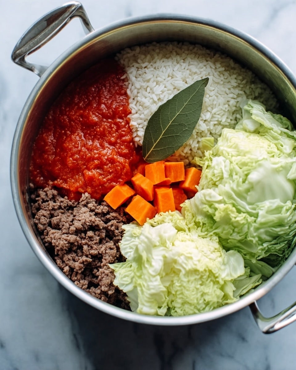 A metal pot filled with five main ingredients arranged in separate sections. The bottom left contains a smooth red sauce spread thickly. Above the sauce is a dry white grain, likely rice, with a fluffy texture. To the right of the rice, there's a pile of light green cabbage leaves layered loosely. Below the cabbage, small, bright orange carrot cubes fill a small space. Just beside the carrots and cabbage, dark brown cooked ground meat sits with a slightly crumbly texture. A single large green bay leaf is placed on top of the cabbage. The pot sits on a white marbled surface in soft natural light, with the lid slightly visible in the background photo taken with an iphone --ar 4:5 --v 7