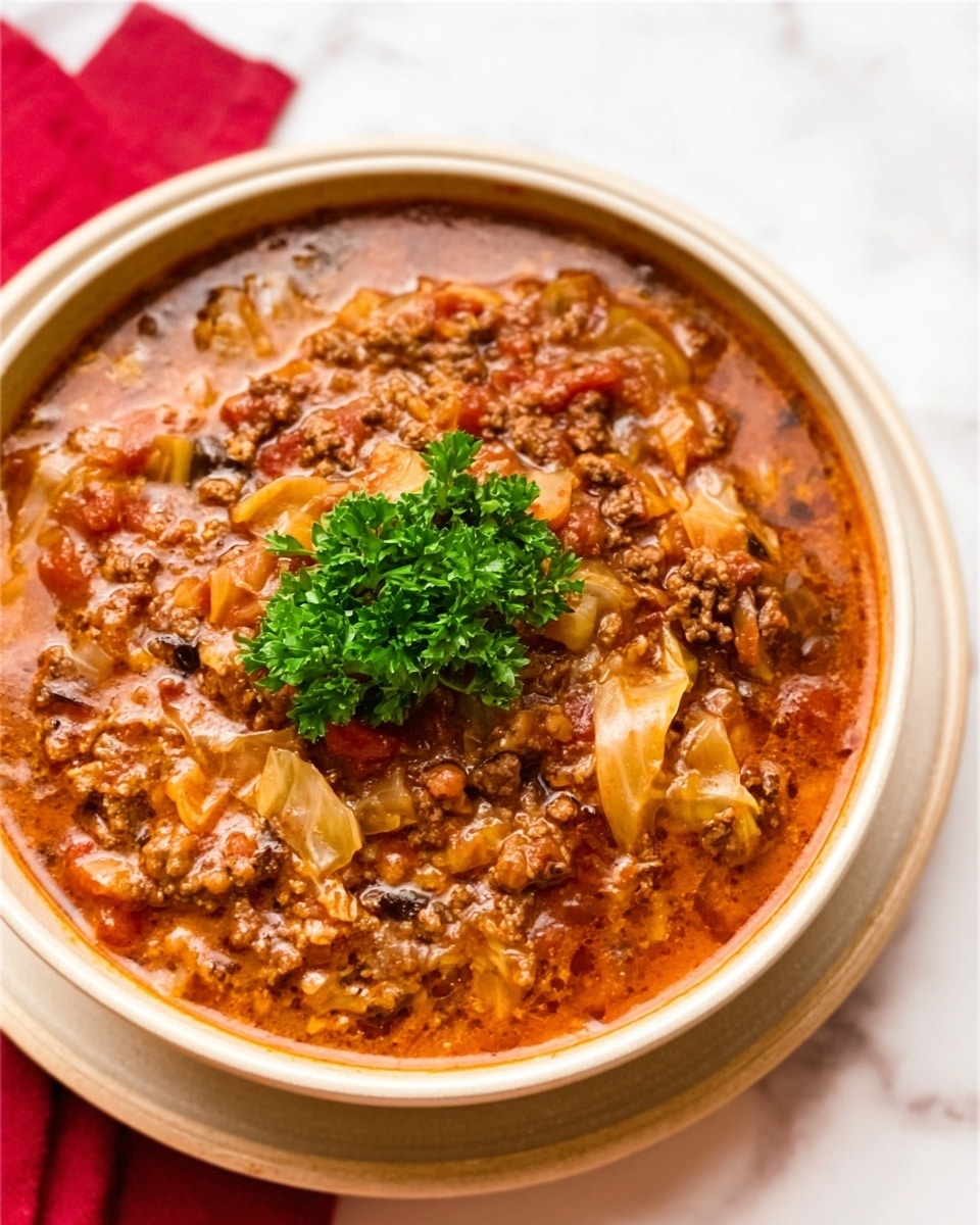 A white bowl filled with a thick stew that has several layers visible, including chunks of light tan cabbage or similar leafy vegetable near the top and mixed with ground meat that is dark brown. There are small pieces of diced red items like tomatoes spread throughout the stew, which is a rich, brownish color with some reddish tones. The stew looks hearty and slightly chunky, topped with a small bunch of bright green fresh parsley in the center. The bowl sits on a white marbled surface. Photo taken with an iphone --ar 4:5 --v 7