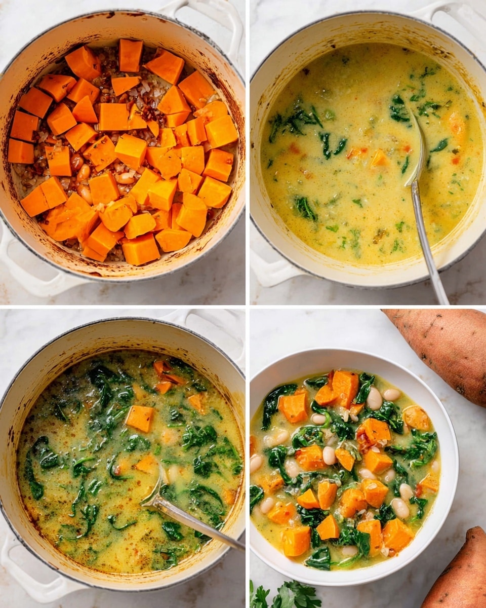 The image shows a step-by-step cooking process of a soup with four sections. The first section shows bright orange cubes of cooked sweet potatoes with small bits of chopped onions and herbs mixed in a white pot with slight browning on the sides. The second section displays the soup starting to form in the pot with a creamy yellow broth and green spinach leaves floating on top along with some orange sweet potato cubes. The third section shows the soup stirred with a ladle, revealing the creamy broth filled with spinach, sweet potato cubes, and some white beans, showing a thicker and well-mixed texture. The last section features the finished soup served in a white bowl full of chunky sweet potatoes, spinach, white beans, and fresh green herbs on top, placed on a white marbled surface with an unpeeled sweet potato beside it. photo taken with an iphone --ar 4:5 --v 7