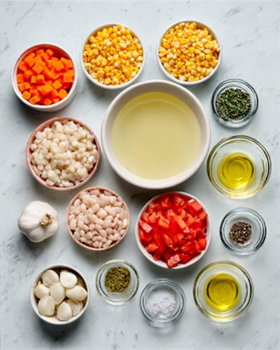 The image shows many small bowls and containers arranged neatly on a white marbled surface. In the center, there is a large white bowl filled with a pale yellow liquid. Around it, smaller white bowls hold different colorful ingredients: bright orange chopped carrots, yellow corn kernels, red diced tomatoes, pale chopped onions, white beans, and three whole garlic cloves. Several small clear bowls contain various spices and herbs, including black pepper, salt, dried green herbs, and oil. Everything is clean and organized, with a soft, natural light highlighting the fresh colors and textures. Photo taken with an iphone --ar 4:5 --v 7