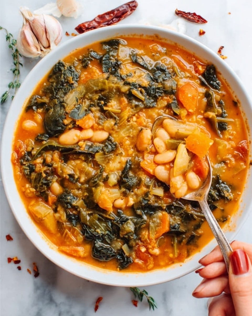 The image shows a white bowl filled with a thick stew made of bright orange broth with visible chunks of white beans, dark green leafy vegetables, and pieces of orange and yellow vegetables, with a spoon held by a woman's hand dipping into the bowl from the right side. The bowl sits on a white marbled surface with some scattered garlic cloves and small red chili flakes around it. The stew looks rich and hearty with a mix of smooth and chunky textures, and layers of greens, beans, and orange soup create a colorful and appetizing dish. photo taken with an iphone --ar 4:5 --v 7