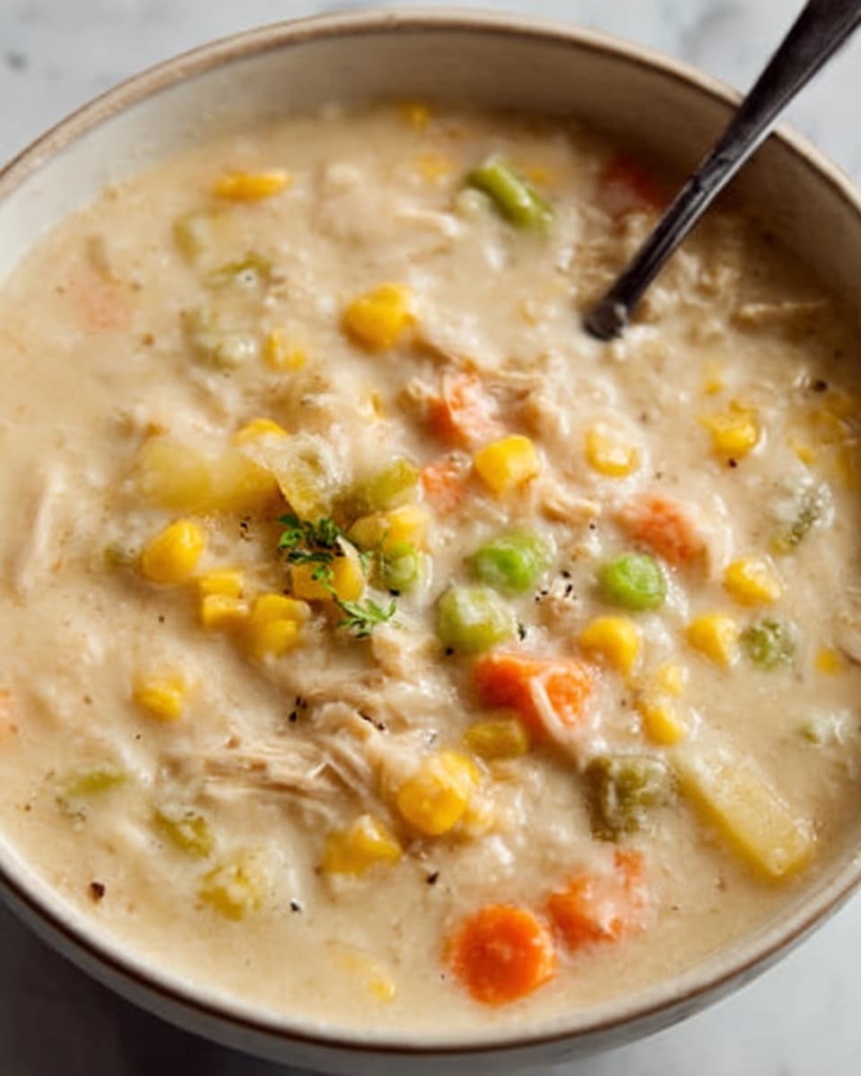 A close-up view of a bowl filled with thick creamy soup showing visible pieces of corn, carrots, celery, and shredded chicken throughout. The soup has a light beige color with a smooth creamy texture, and the vegetables add bright yellow, orange, and green colors. A spoon is inside the bowl, slightly stirring the soup. The bowl is white and sits on a white marbled surface. photo taken with an iphone --ar 4:5 --v 7