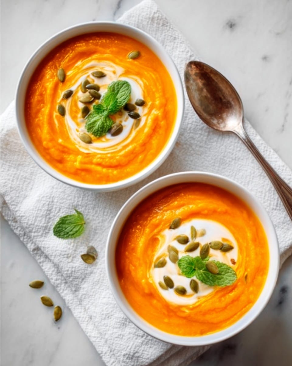 Two white bowls sit on a white marbled surface, each filled with smooth orange soup. The soup has a creamy swirl on top, creating a light contrast with the orange. Scattered over the cream are small pumpkin seeds and a few green mint leaves, adding texture and bursts of green color. A silver spoon lies beside one of the bowls on a white cloth. Photo taken with an iphone --ar 4:5 --v 7