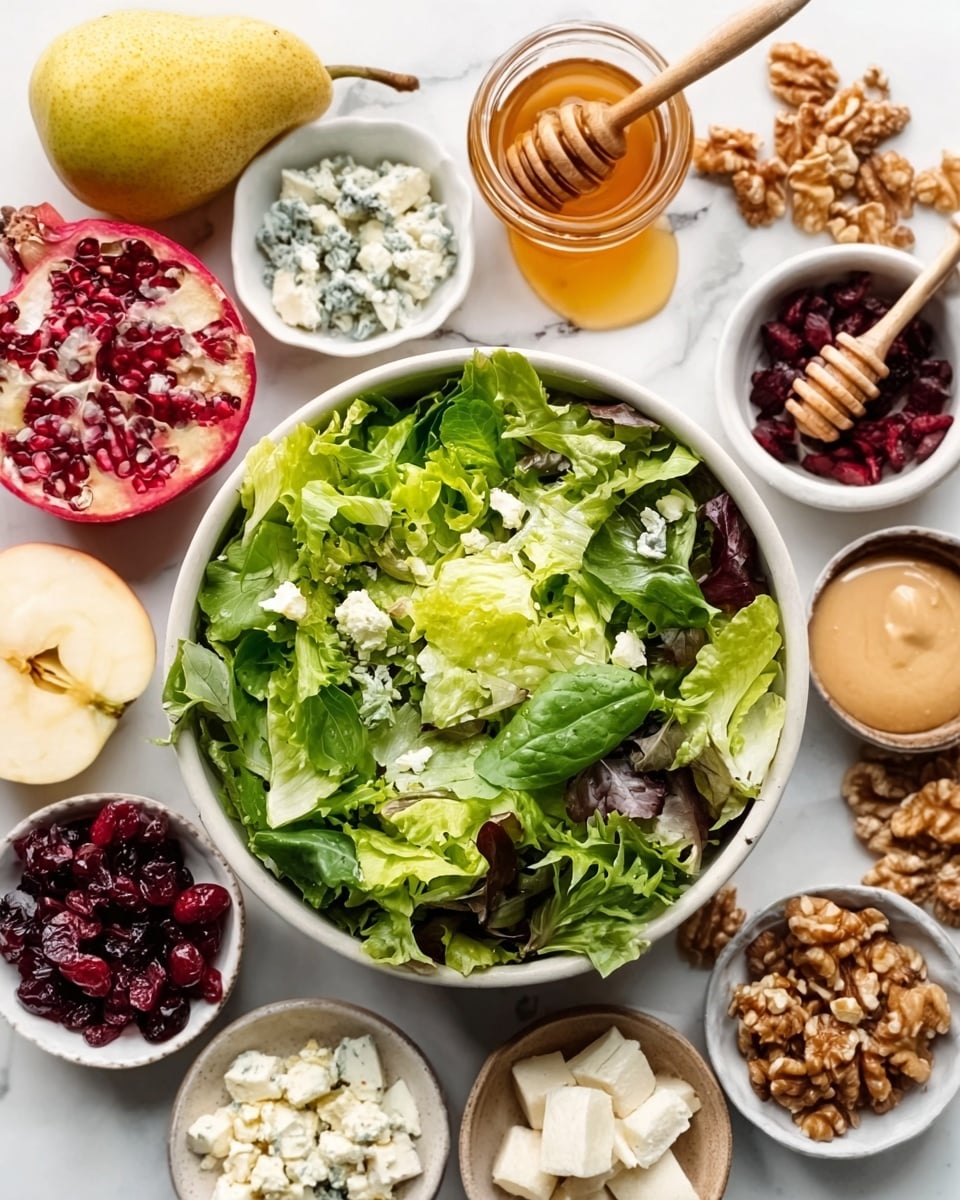 A white bowl filled with mixed green salad leaves, including light and dark green colors, placed in the center of a white marbled surface. Around the bowl, several small white bowls hold different ingredients: chopped walnuts, crumbled blue cheese, crumbled white cheese, and dried red cranberries. Also on the surface are a whole pear, a yellow apple, a pomegranate, a small jar of honey with a woman's hand holding a wooden honey dipper dripping honey nearby, and a small bowl with a light brown spread. The arrangement is bright and fresh with natural colors. photo taken with an iphone --ar 4:5 --v 7