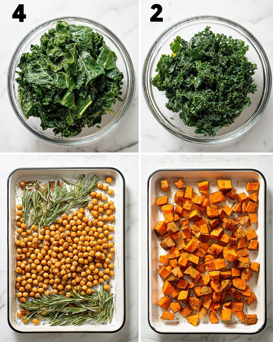 Four images show different stages of preparing ingredients. The first image shows a clear glass bowl filled with large pieces of dark green kale placed on a white marbled surface. The second image has the same bowl, now with the kale chopped into smaller pieces but still dark green and fresh. The third image shows a white baking tray with raw chickpeas spread on the upper half and diced orange sweet potatoes with rosemary sprigs on the lower half, all on a white marbled surface. The fourth image shows the same tray with chickpeas and sweet potatoes roasted to a golden brown color, also on a white marbled surface. Photo taken with an iphone --ar 4:5 --v 7