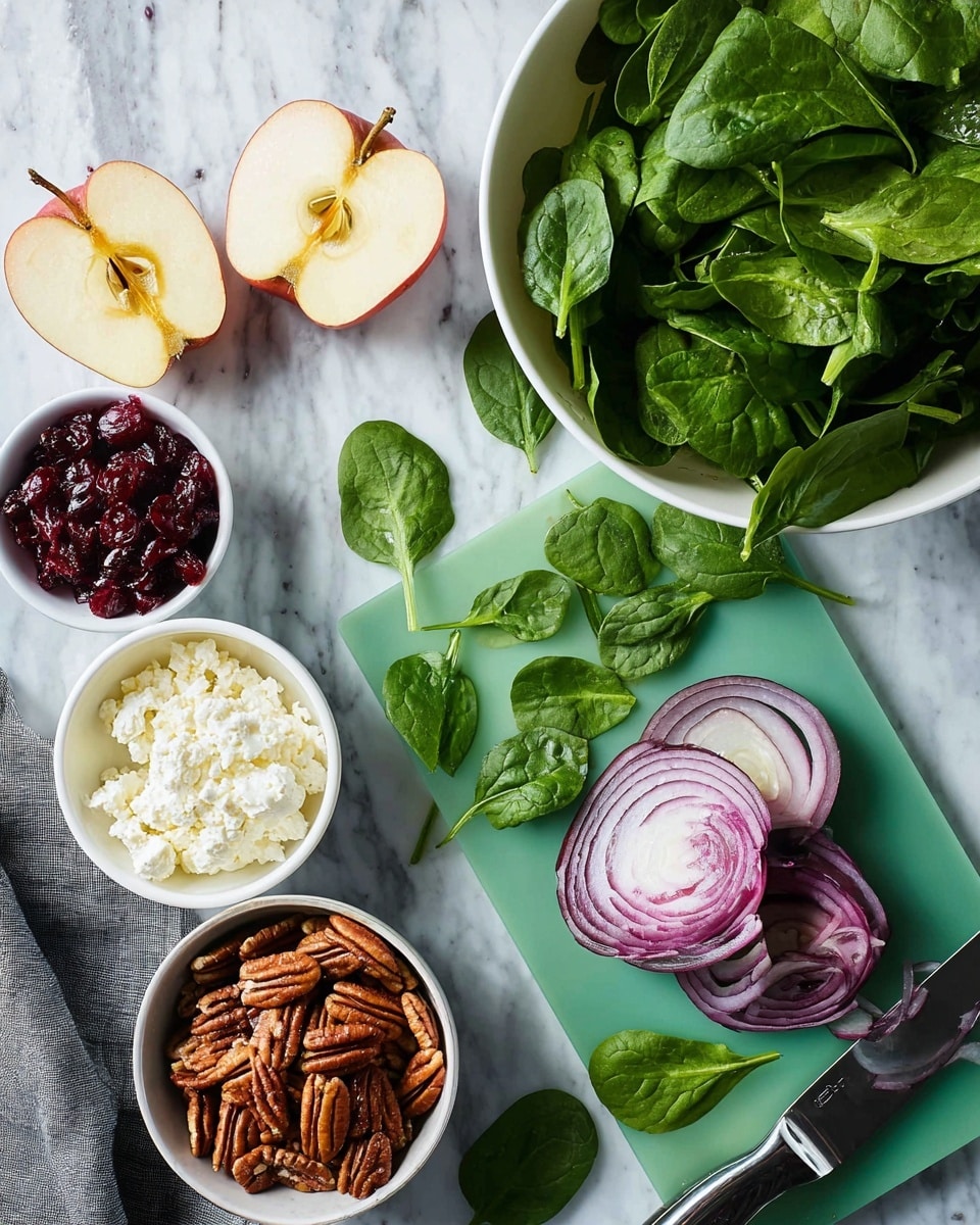The image shows a white bowl filled with fresh green spinach leaves at the top right. Below it is a green board with a shiny knife and a whole purple onion partly sliced into thin curved layers. Around the board are scattered spinach leaves. At the top left, there are two halves of a red apple showing a creamy white inside. Below the apple is a small white bowl with soft crumbly white cheese. Next to it is a smaller bowl with dried red cranberries. At the bottom left, a white bowl holds brown pecan nuts. The items are set on a white marbled surface with a gray cloth near the bottom. photo taken with an iphone --ar 4:5 --v 7