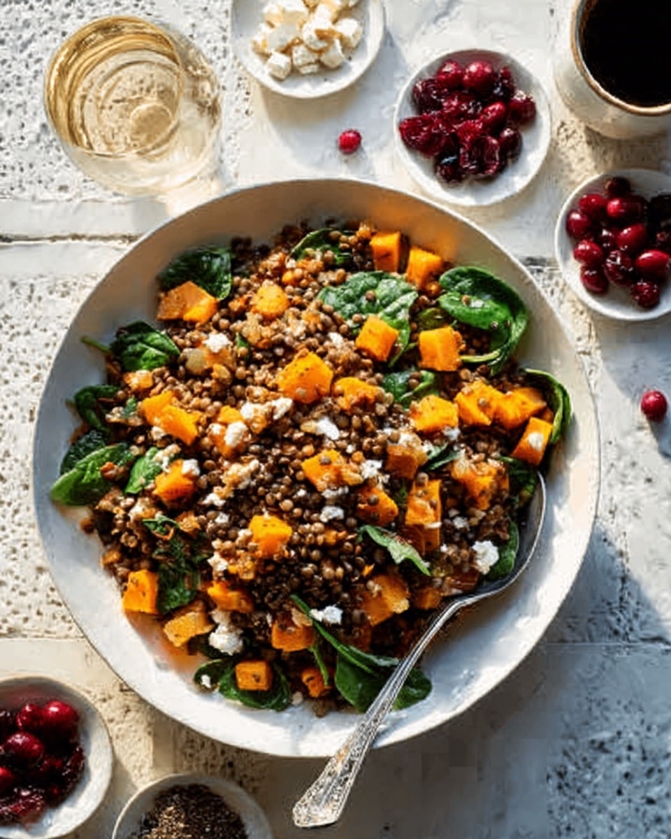 A white bowl filled with a colorful mix of cooked lentils and diced orange sweet potatoes, with bright green spinach leaves scattered on top. A silver spoon rests on the right edge inside the bowl. Around the bowl, various small white dishes hold red cherries and crumbly white cheese, sitting on a surface with a white marbled texture. There is also a glass of water and a cup of dark liquid nearby. Photo taken with an iphone --ar 4:5 --v 7