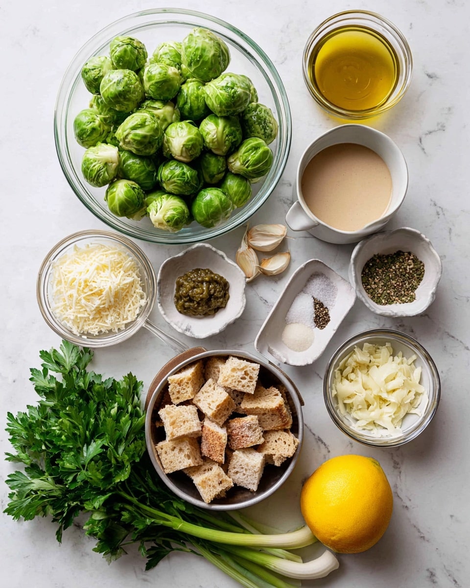 A clear glass bowl filled with many fresh green Brussels sprouts is placed on the upper left of a white marbled surface. Below it, there is a silver bowl filled with many small light brown bread cubes and next to it, another silver bowl with grated white cheese. In the center, a small white bowl holds chopped garlic, some capers, and a mustard paste. Above it, a white bowl with a mix of salt and black pepper is positioned next to a white bowl of thick beige sauce and a clear glass bowl of golden oil. To the right, a bright yellow lemon sits on the surface near some fresh green parsley and three green onions. The whole scene is bright and clean, with everything neatly arranged. photo taken with an iphone --ar 4:5 --v 7
