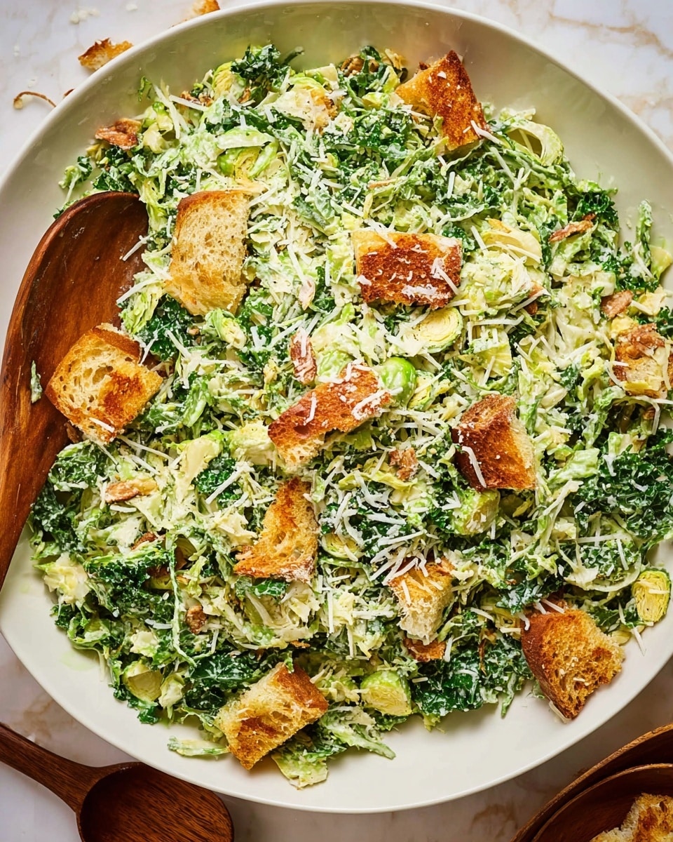 A large white bowl filled with a green salad made of shredded kale and brussels sprouts as the base layer mixed with finely grated cheese. Scattered on top are crisp, golden-brown pieces of toasted bread, adding texture and color contrast. The salad appears creamy with light dressing coating the greens and bread pieces evenly. A wooden fork rests on the left edge of the bowl, and a wooden spoon is partially visible on the bottom right. The bowl sits on a surface with a white marbled texture. Photo taken with an iphone --ar 4:5 --v 7