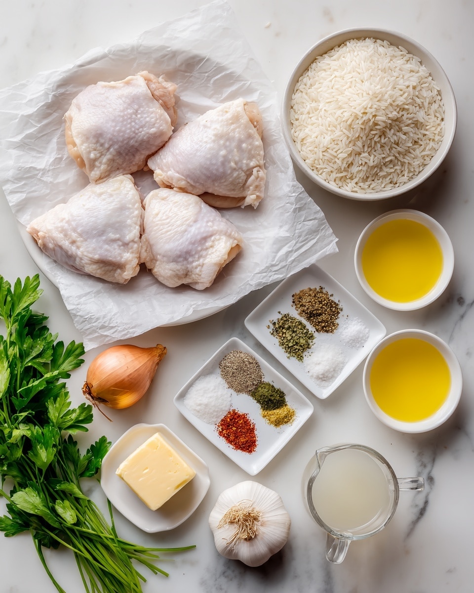 A top-down view of fresh cooking ingredients arranged on a white marbled surface, featuring four pieces of raw chicken thighs with pale pink skin placed on parchment paper inside a white plate on the lower left side; next to them are fresh green parsley leaves spread around the bottom right side. Three shallots with light brown skin, one whole white garlic bulb, and a wedge of pale yellow cheese are scattered on the upper left corner. A white square bowl holds five different spices, seen as piles of green herbs, black pepper, red powder, white salt, and beige powder in separate sections at the center. To the right, a white bowl is filled with dry uncooked rice, and nearby are three small white bowls containing bright yellow oil, a piece of pale yellow butter, and a clear measuring jug with light yellow liquid, as well as another clear measuring jug with creamy white liquid at the top. photo taken with an iphone --ar 4:5 --v 7