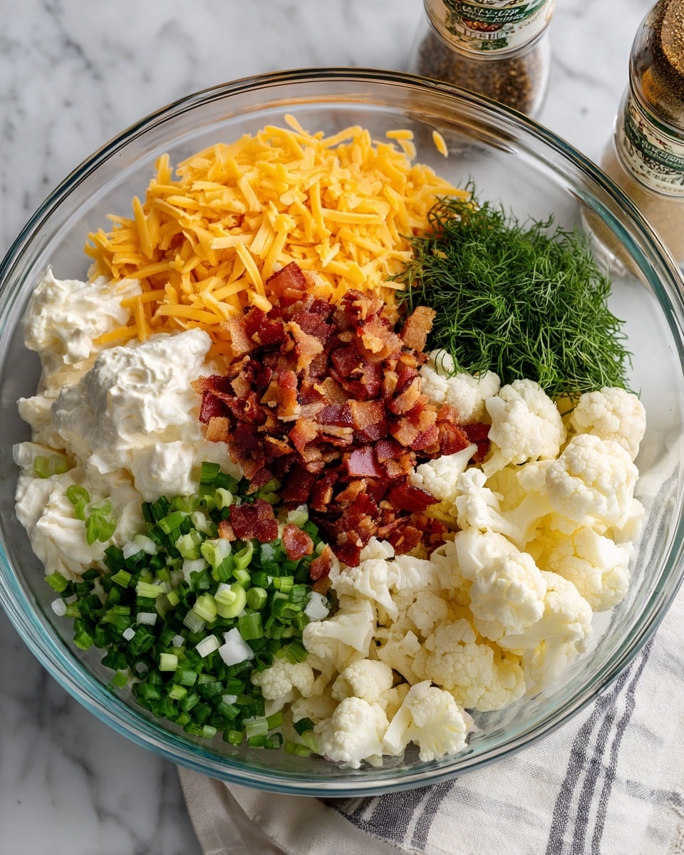 A clear glass bowl on a white marbled surface contains multiple colorful layers of ingredients: shredded orange cheddar cheese on the left side, creamy white mayonnaise or sour cream on the upper left, small pieces of cooked bacon near the center, finely chopped green onions on the lower right, fluffy white cauliflower pieces on the upper right, and some fresh green parsley or dill in the middle. The bowl is surrounded by a bottle of spices and a white napkin with stripes, adding to the kitchen setting. The image focuses on the mix of textures and colors before stirring. Photo taken with an iphone --ar 4:5 --v 7