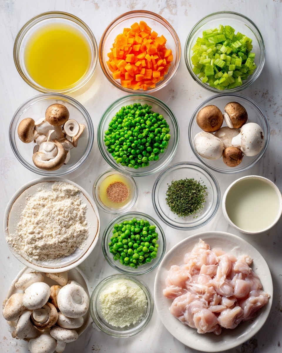 The image shows a white marbled surface with several clear glass bowls arranged neatly, each holding different ingredients. There are two rows of bowls: the top row has a light yellow liquid, bright orange chopped carrots, green chopped celery, and whole small brown mushrooms. The middle row holds a small portion of light brown powder, white granulated substance, a dollop of pale yellow butter, bright green fresh peas, and chopped green herbs. The bottom row has white cream, light green liquid, finely chopped onions, light tan flour, and more chopped green herbs. Below these bowls is a white plate with raw mushrooms, a white shallow bowl with white liquid, and a white plate with raw pink chicken placed to the right. The photo is taken with an iphone --ar 4:5 --v 7